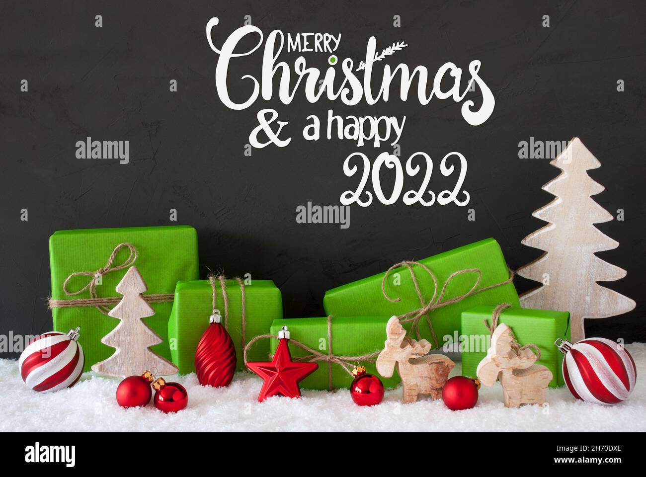 Snow, Tree, Gift, Ball, Merry Christmas And A Happy 2022 Stock Photo