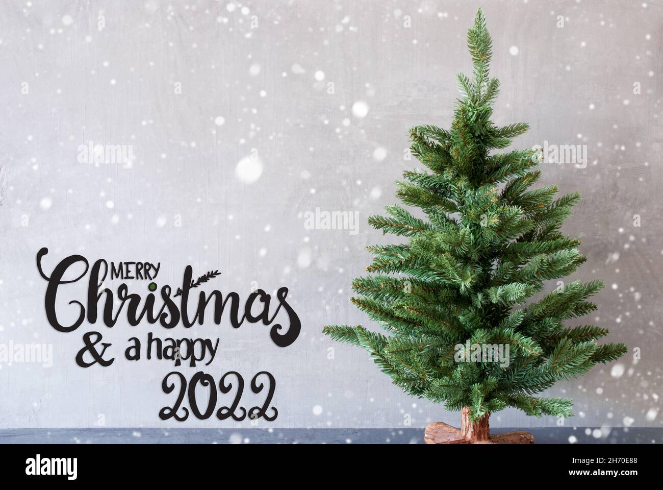 Tree, Merry Christmas And A Happy 2022, Cement Background, Snowflakes Stock Photo