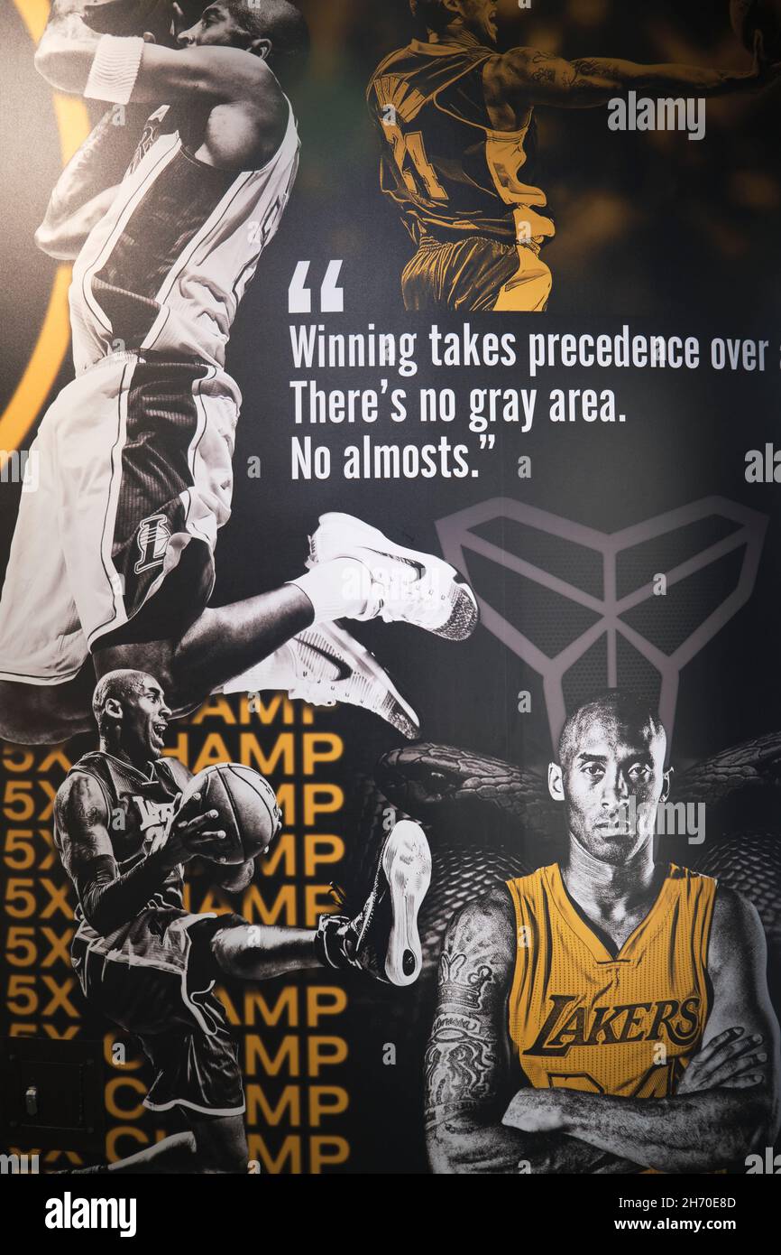 Part of the display, exhibit to honor Los Angeles Laker Kobe Bryant after his death in a helicopter crash. At the NBA Basketball Hall Of Fame Museum. Stock Photo