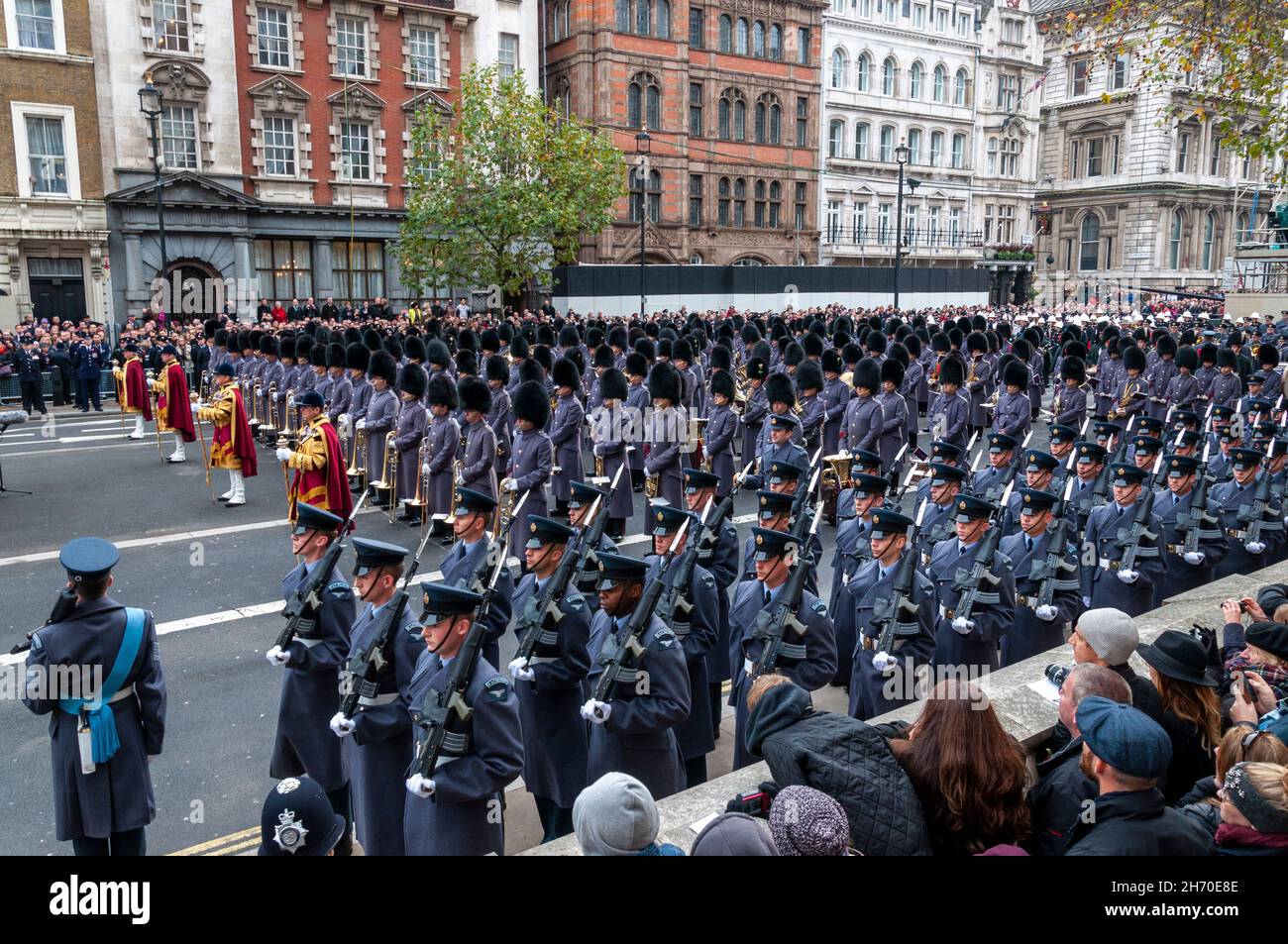 The Cenotaph National Service of Remembrance held at 11:00 am on Remembrance Sunday. RAF Regiment guards and military band Stock Photo