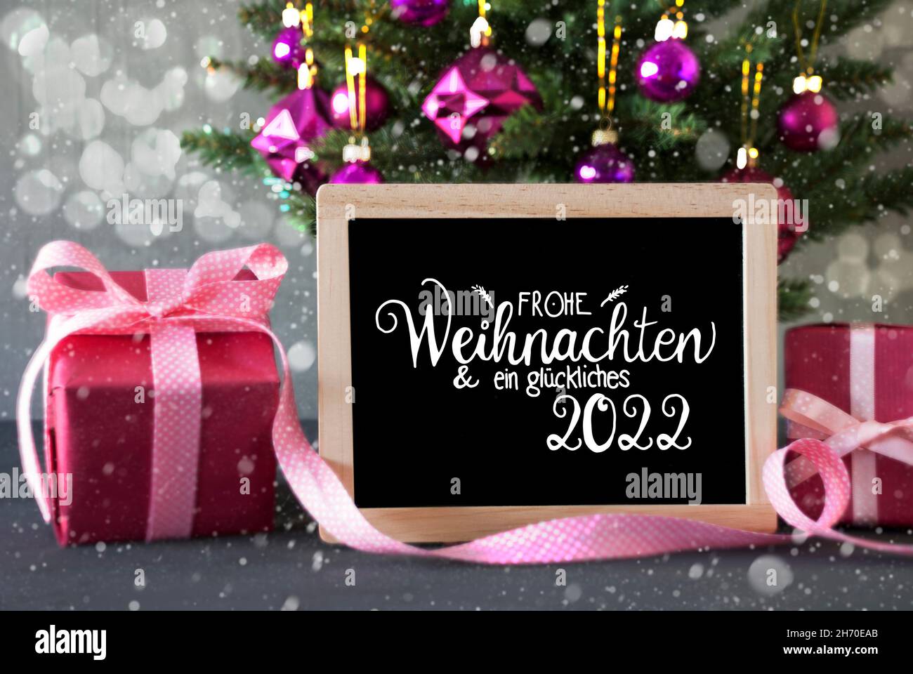 Christmas Tree, Pink Gift, Bokeh, Glueckliches 2022 Means Happy 2022, Snowflakes Stock Photo