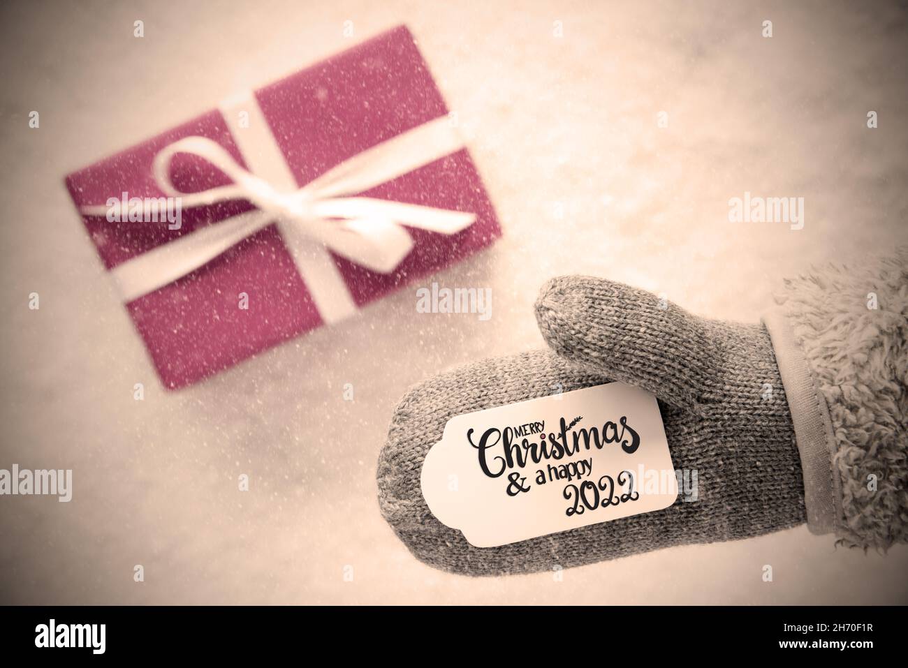 Gray Glove, Pink Gift, Label, Snowflakes, Merry Christmas And A Happy 2022 Stock Photo
