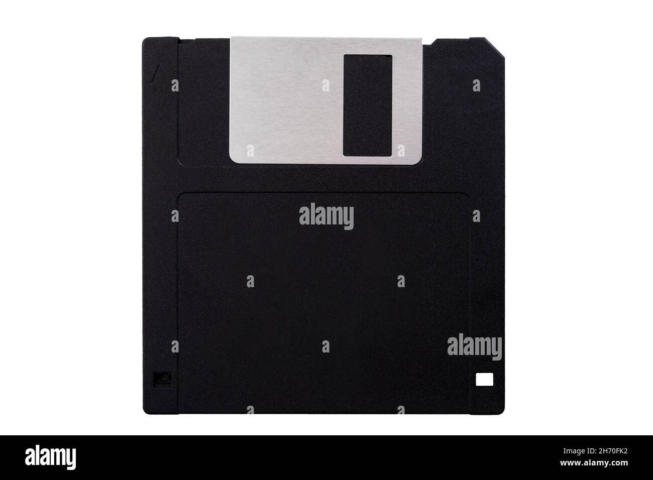 Obsolete data storage technology, retro digital medium and nostalgia concept with a tilted floppy disk isolated on white background facing the front s Stock Photo