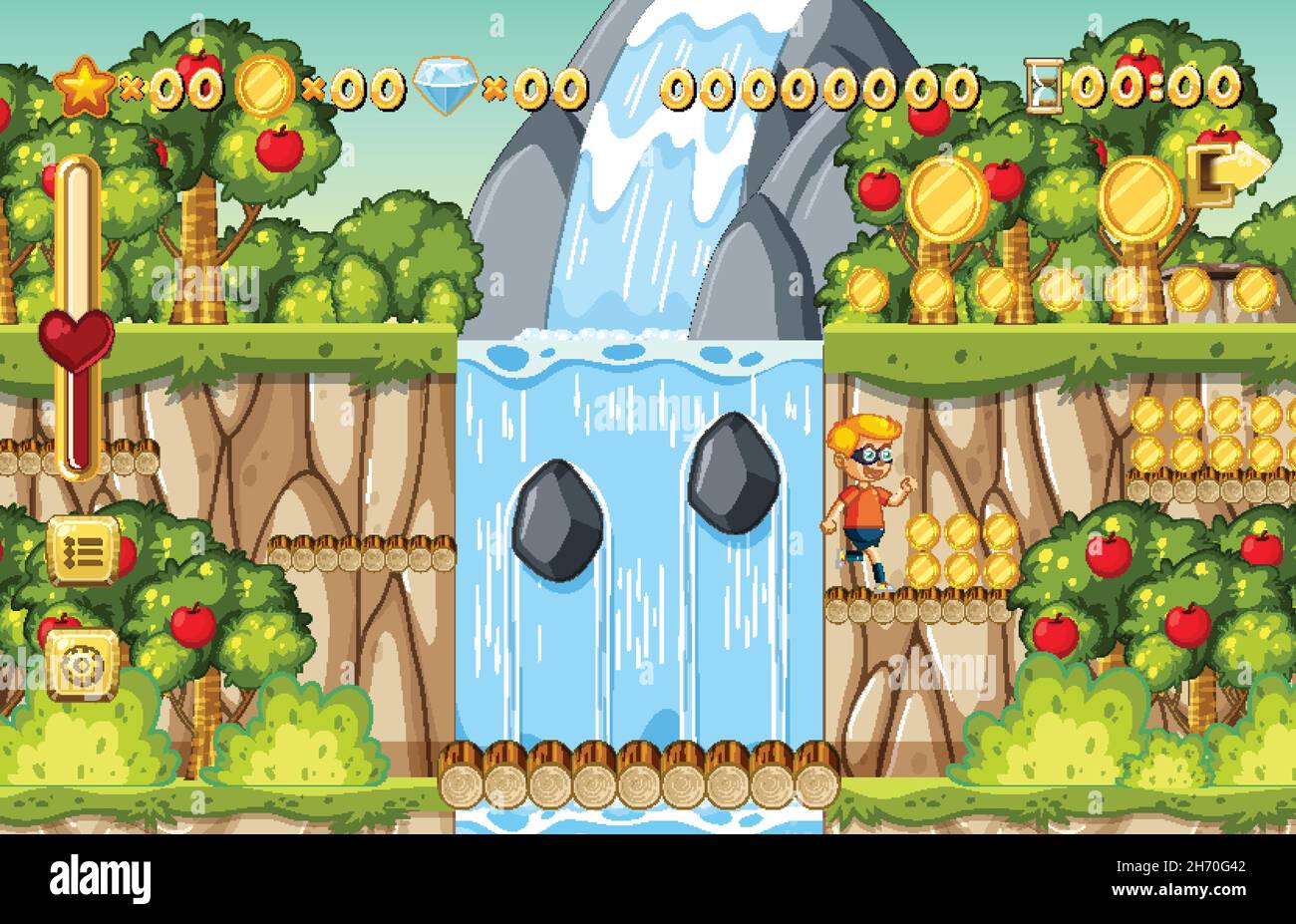 Collecting Coins Platformer Game Template illustration Stock Vector