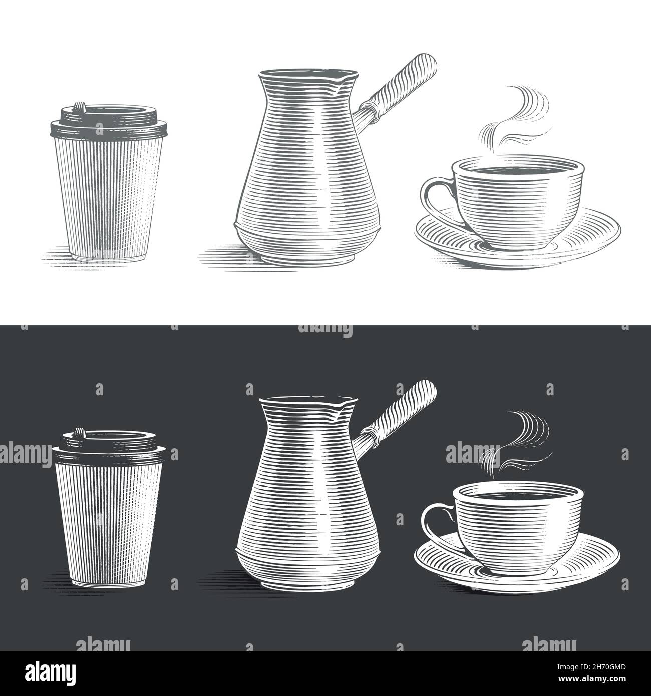 paper cup, cezve and ceramic cup Hand drawing sketch engraving