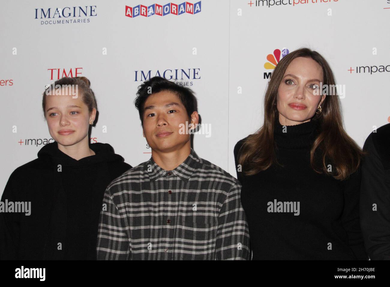 Los Angeles, USA. 18th Nov, 2021. Shiloh Jolie-Pitt, Angelina Jolie, Pax Thien Jolie-Pitt 11/18/2021 The Los Angeles Premiere of 'Paper & Glue' held at the Museum of Tolerance in Los Angeles, CA Credit: Cronos/Alamy Live News Stock Photo