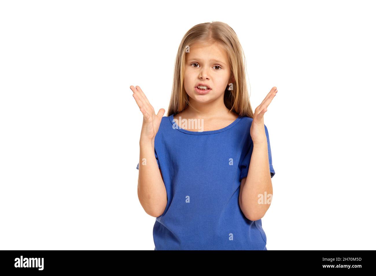 Portrait of adorable emotional little girl isolated on a white Stock ...