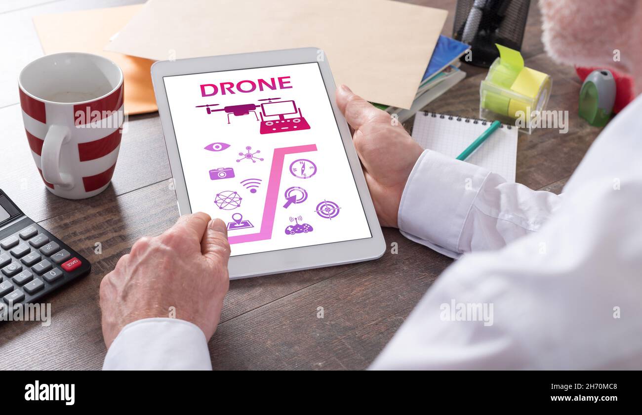 Drone concept shown on a tablet held by a man Stock Photo