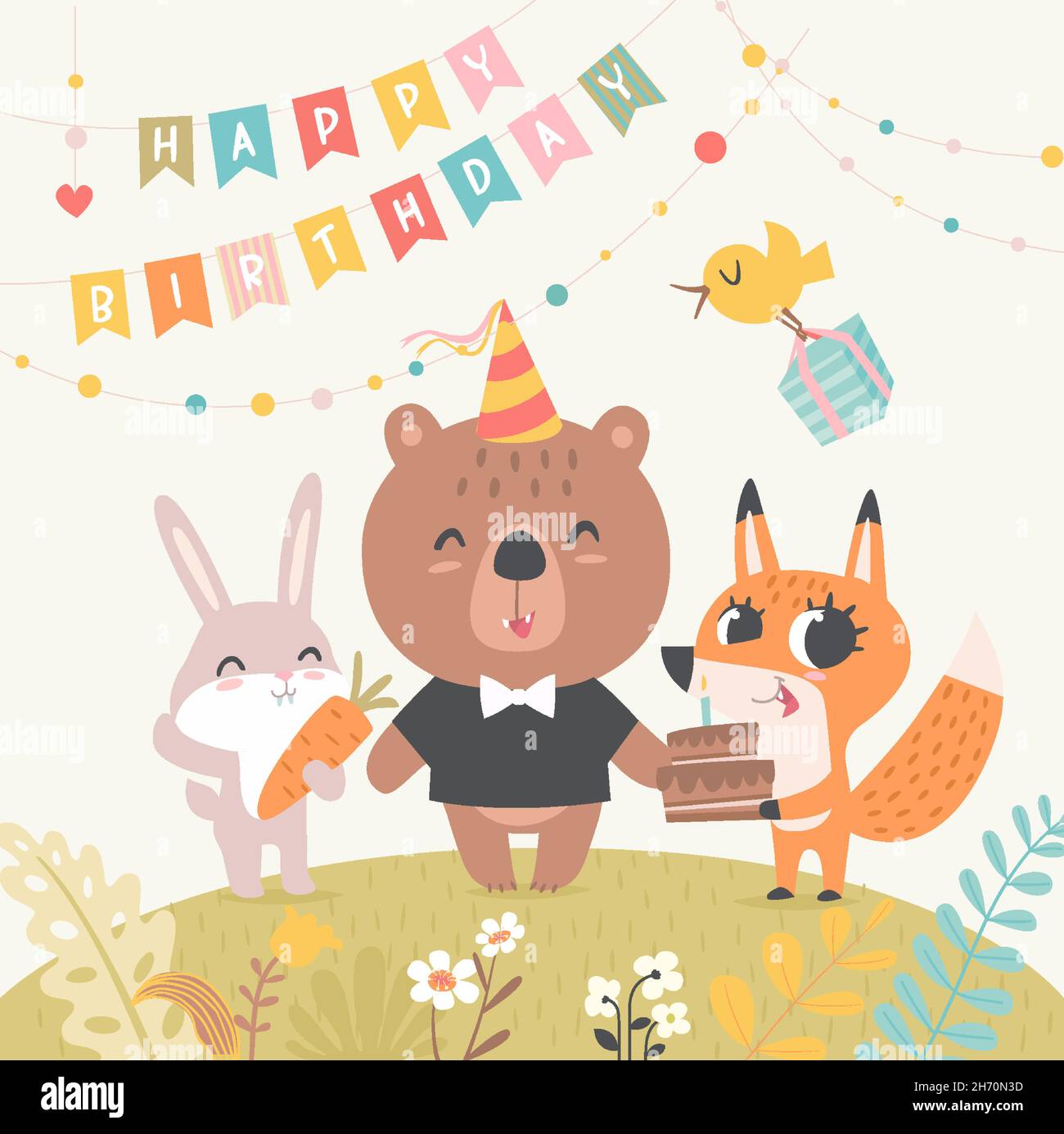 Funny happy birthday card. Cute baby animals together bear, bunny, and fox with tasty cake in vector. Flowers and flags in the background. Pastel Stock Vector Image & Art - Alamy Funny happy birthday card. Cute baby animals together bear, bunny, and fox with tasty cake in vector. Flowers and flags in the background. Pastel Stock Vector Image & Art - Alamy