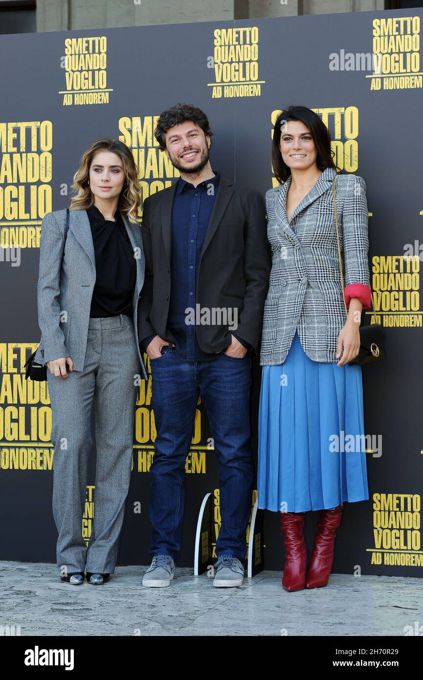 Italian actresses Greta Scarano and Valeria Solarino and italian director Sydney  Sibilia during the photocall of the film Smetto quando voglio ad honorem,  at Modern cinema. Rome (Italy), November 22nd, 2017 (Photo