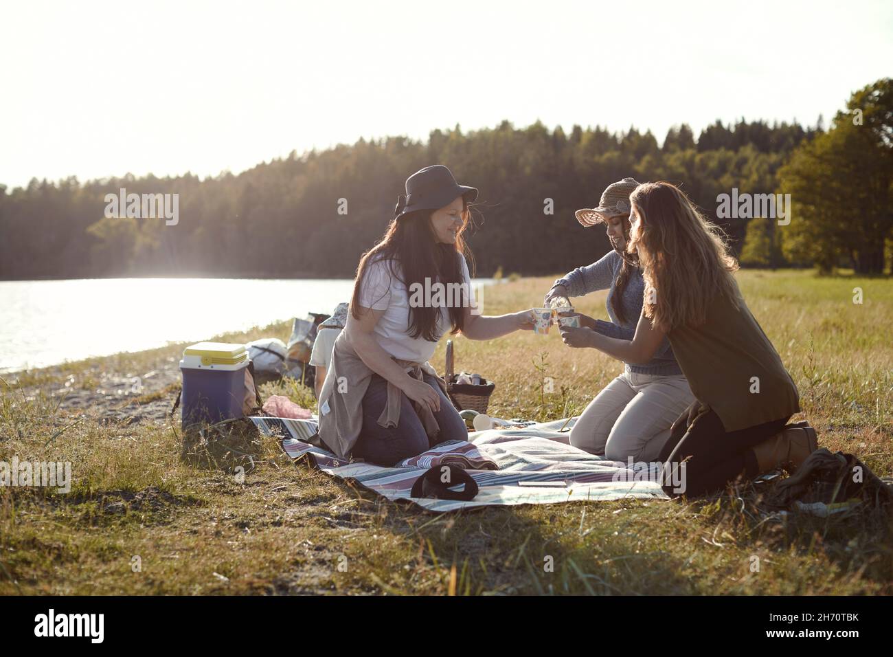 Female friends having picnic together Stock Photo