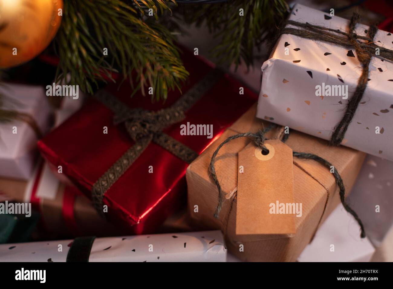 Christmas present with gift tag Stock Photo