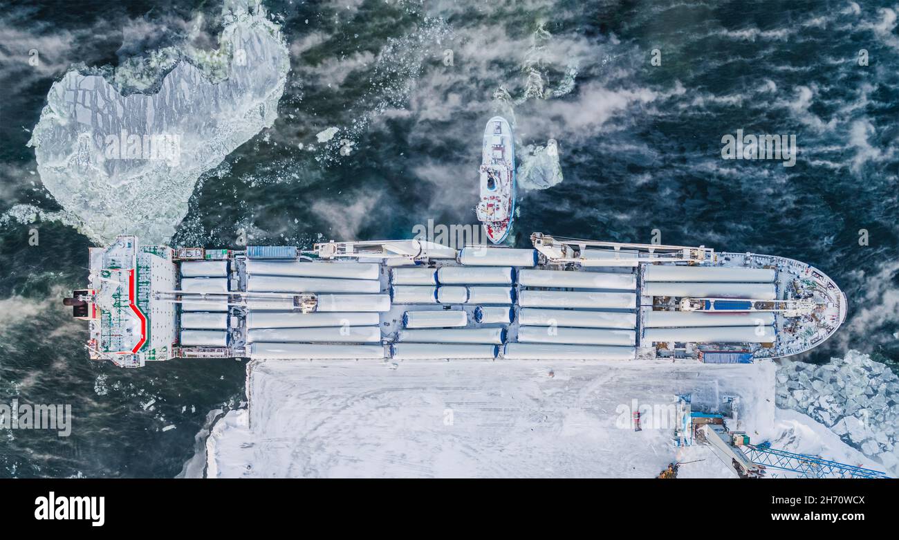 Aerial view of ship in harbor in winter Stock Photo - Alamy