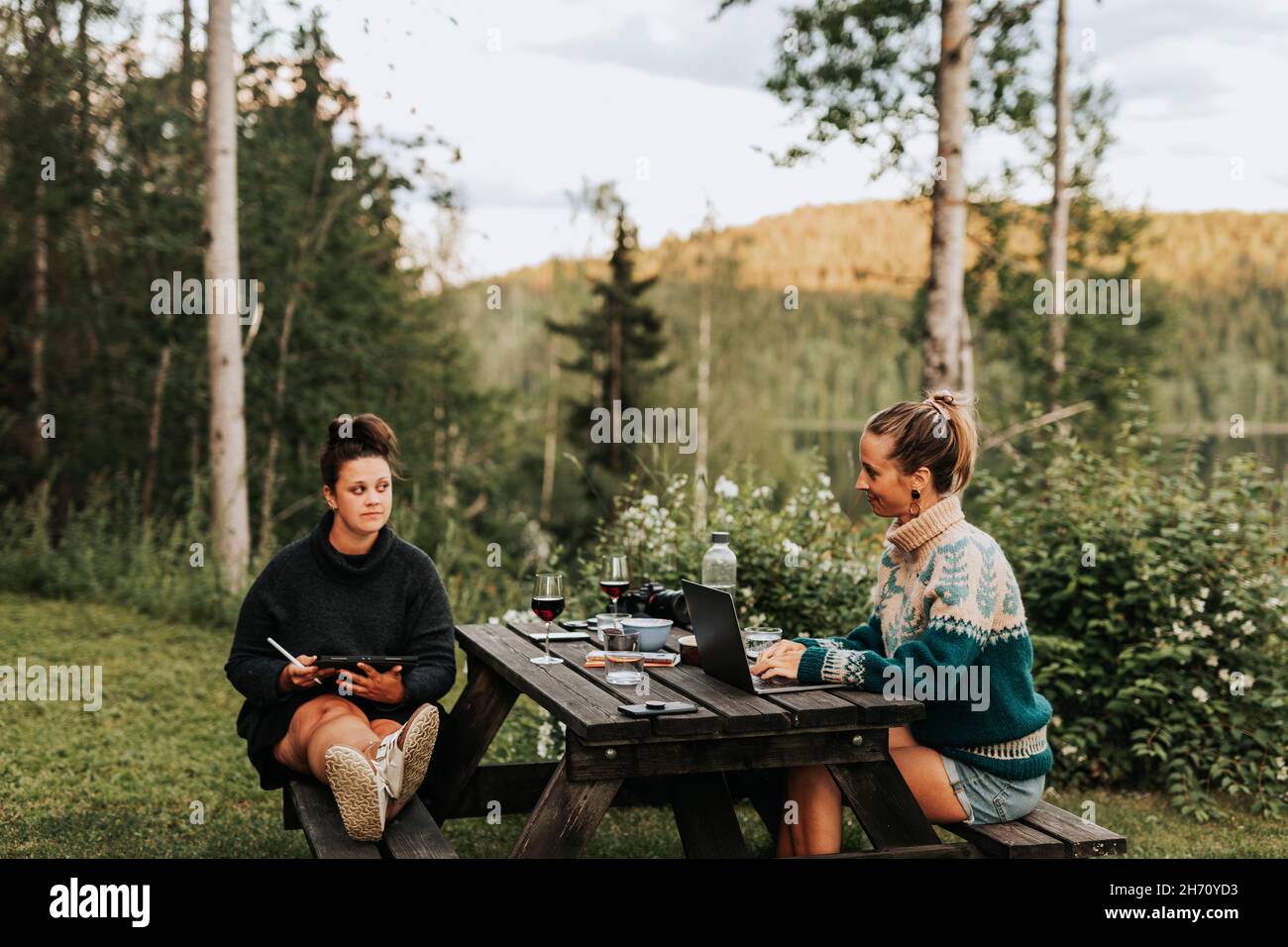 Women sitting outdoor Stock Photo