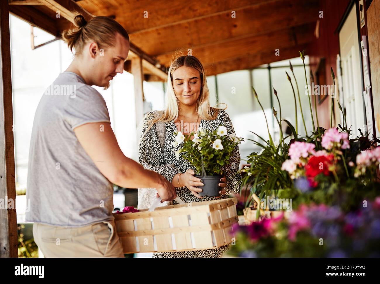 Couple choosing flowers in shop Stock Photo - Alamy