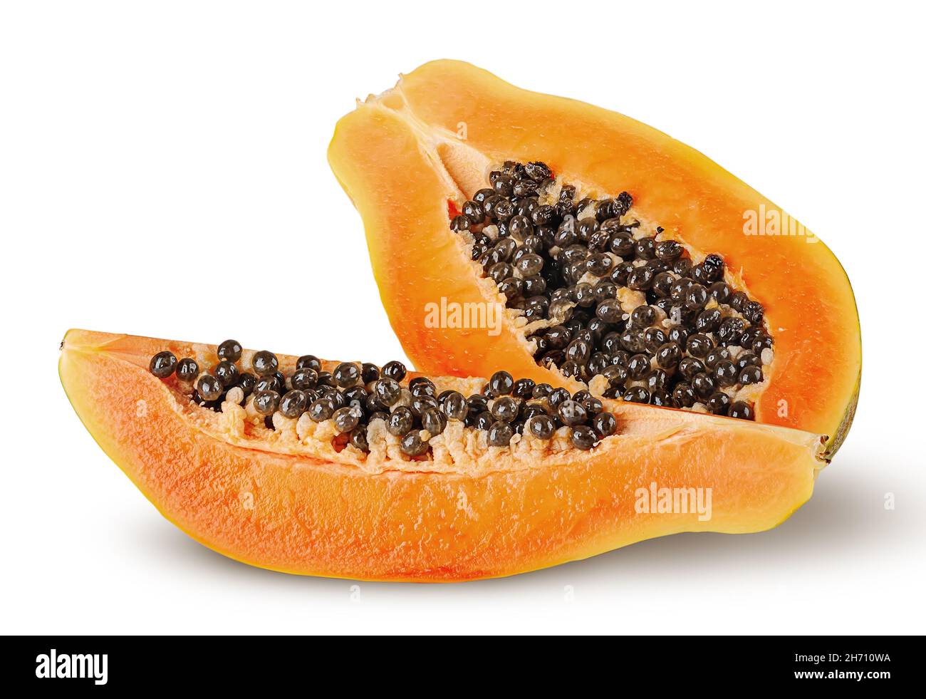 Half and quarter ripe papaya isolated on white background Stock Photo