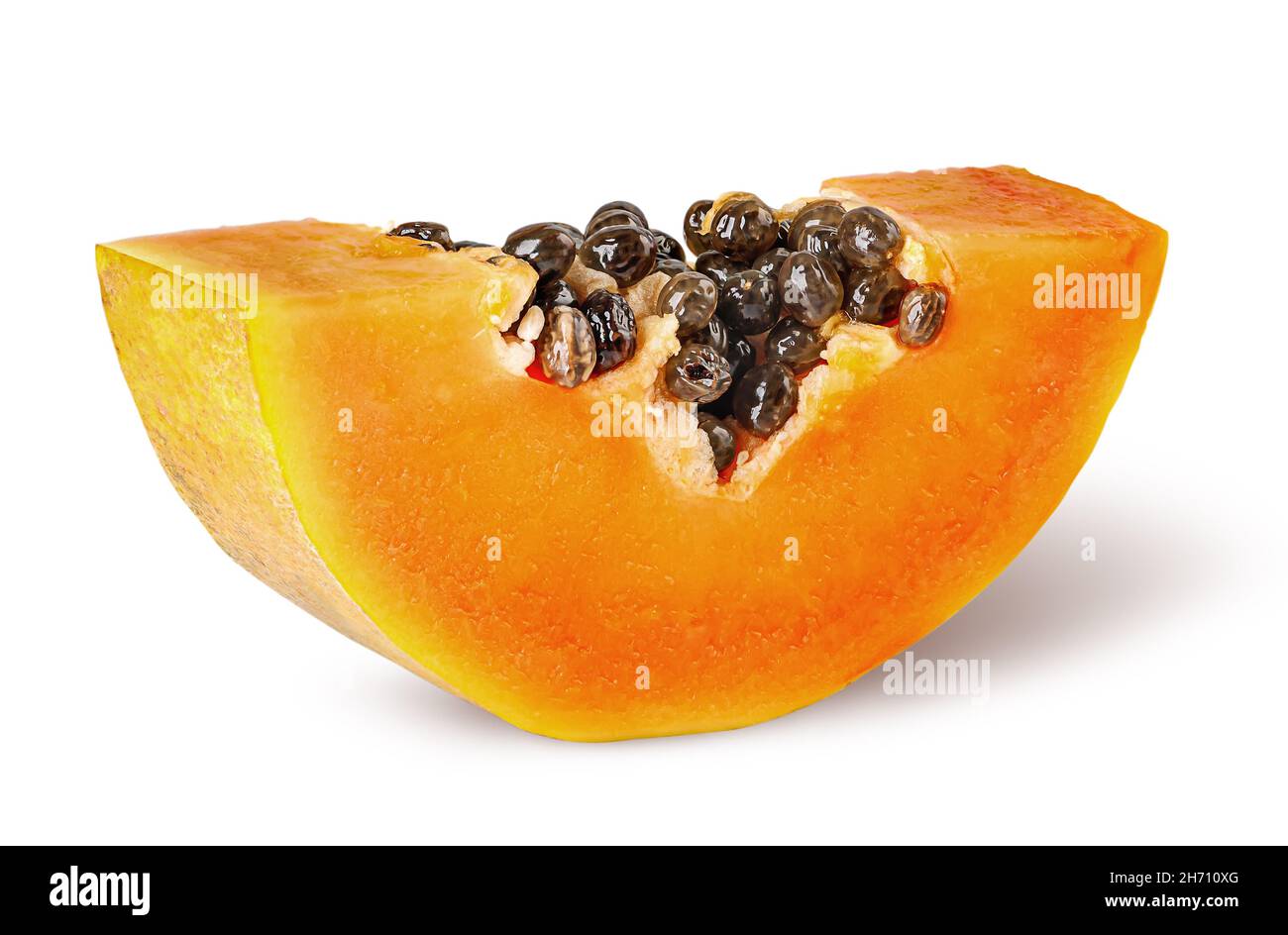 Small piece of ripe papaya rotated isolated on white background Stock Photo