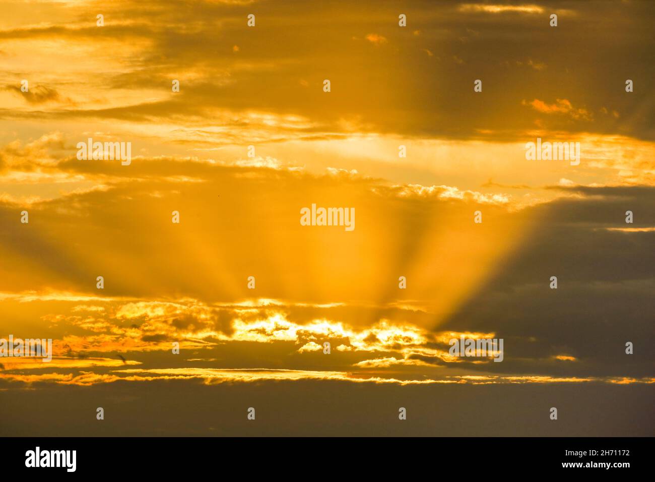 Golden rays of the sun break through clouds at sunrise to form the Tyndall Effect, Switzerland.. Stock Photo