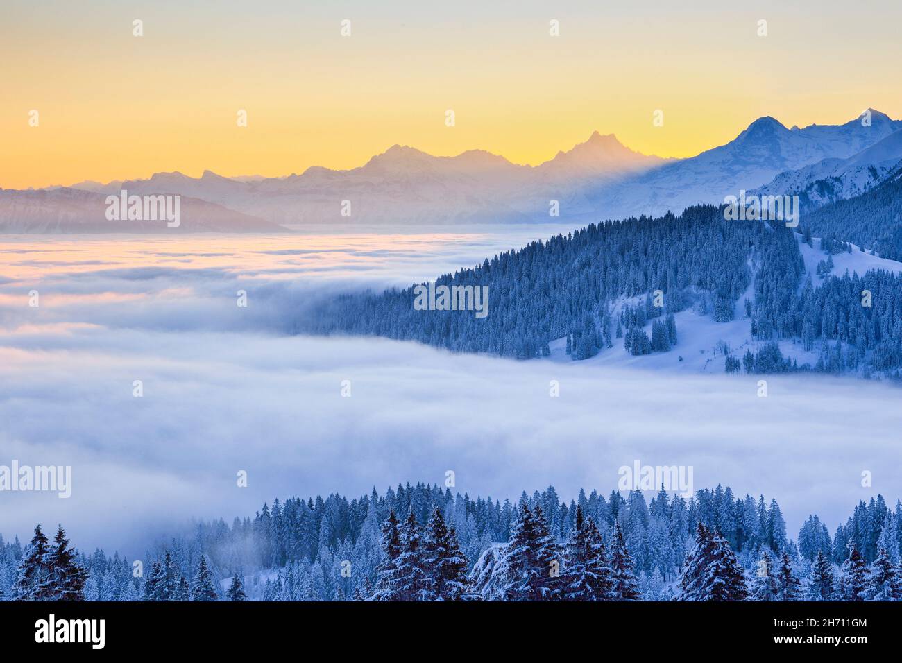 Swiss pre-Alps and Alps with Schreckhorn (4078 m), Eiger (3974 m) and Moench (4099 m) in the morning. View from Gurnigel, Switzerland.. Stock Photo