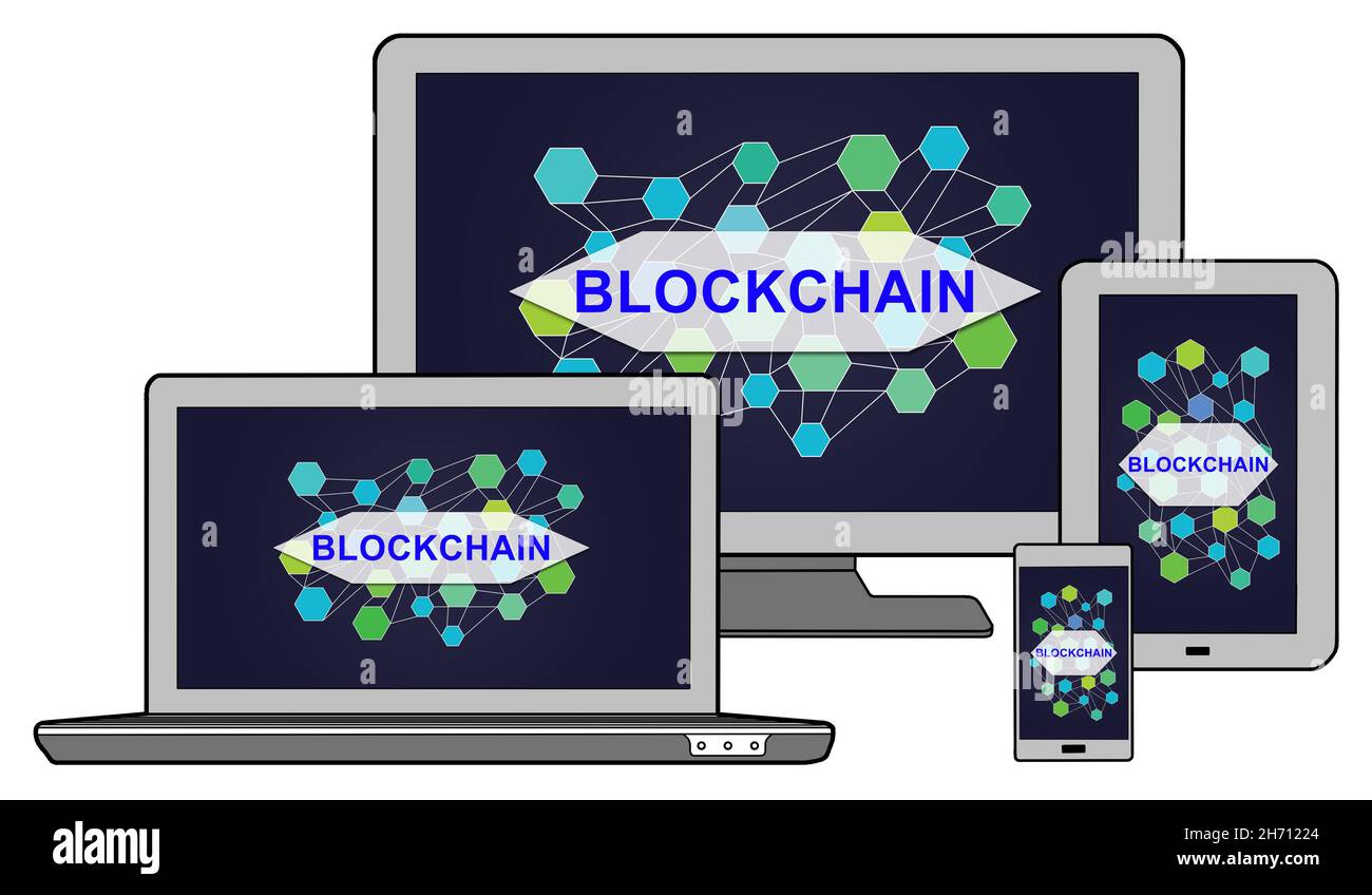 Blockchain concept shown on different information technology devices ...