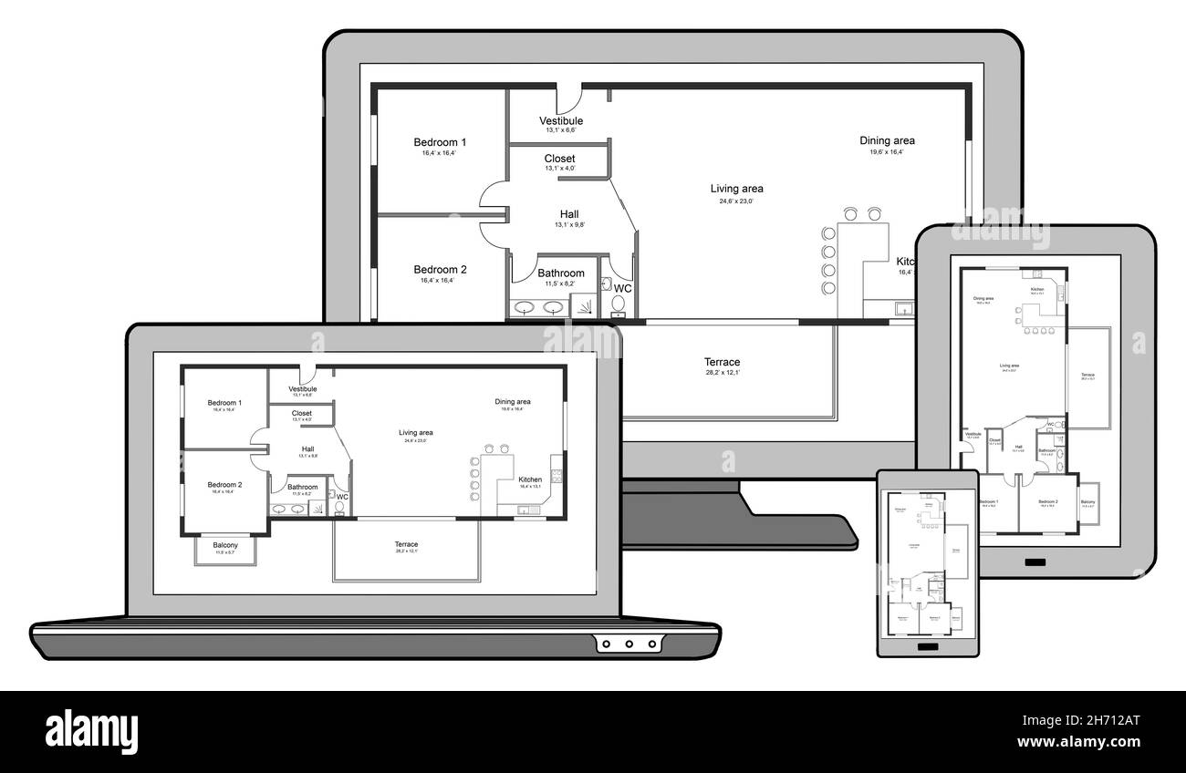 Apartment plan concept on different devices, isolated on white Stock Photo