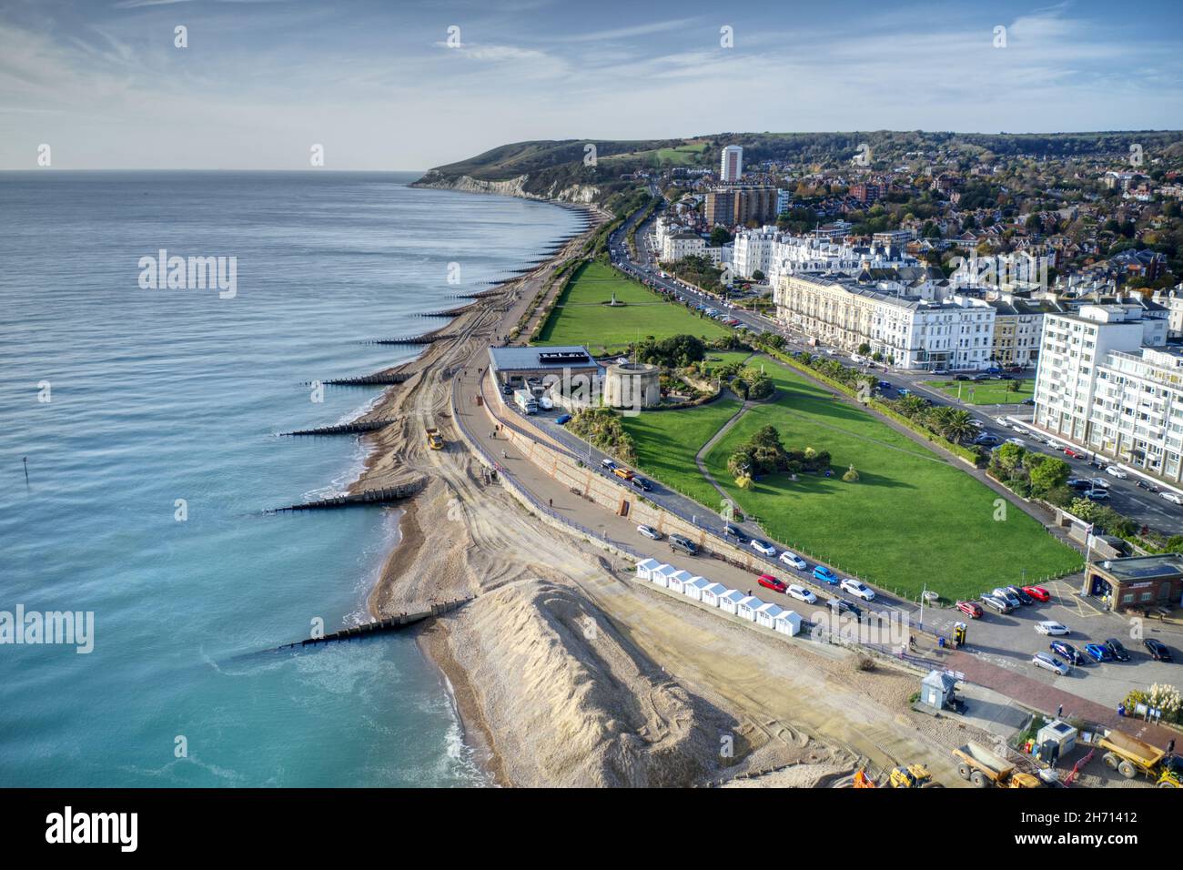 Aerial view of Wish Tower and the Sea Defence works on Eastbourne