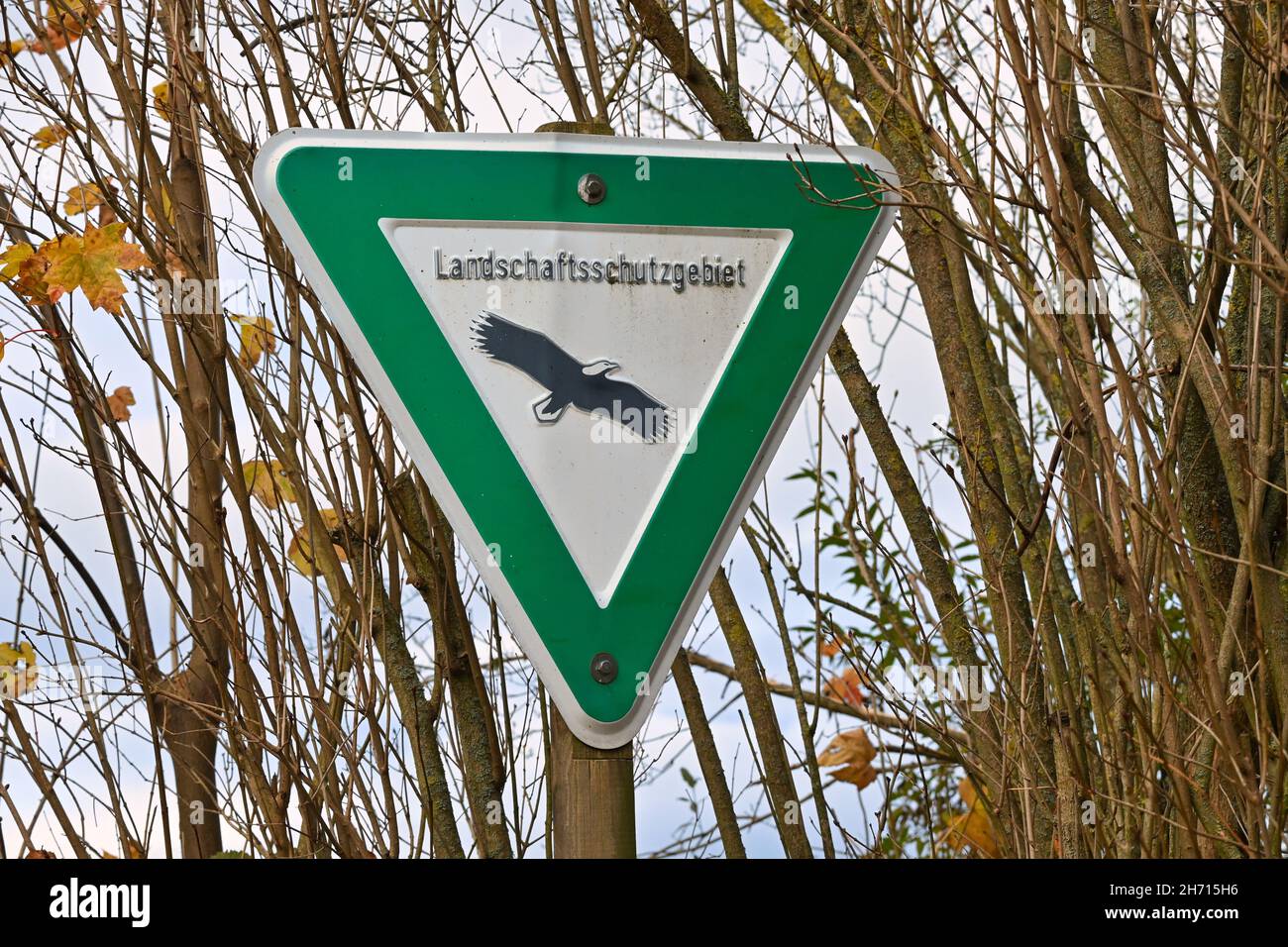 Landschaftsschutzgebiet, nature preserve area in Germany. Green sign with black eagle indicating a landscape reserve. Landscape protection area. Stock Photo