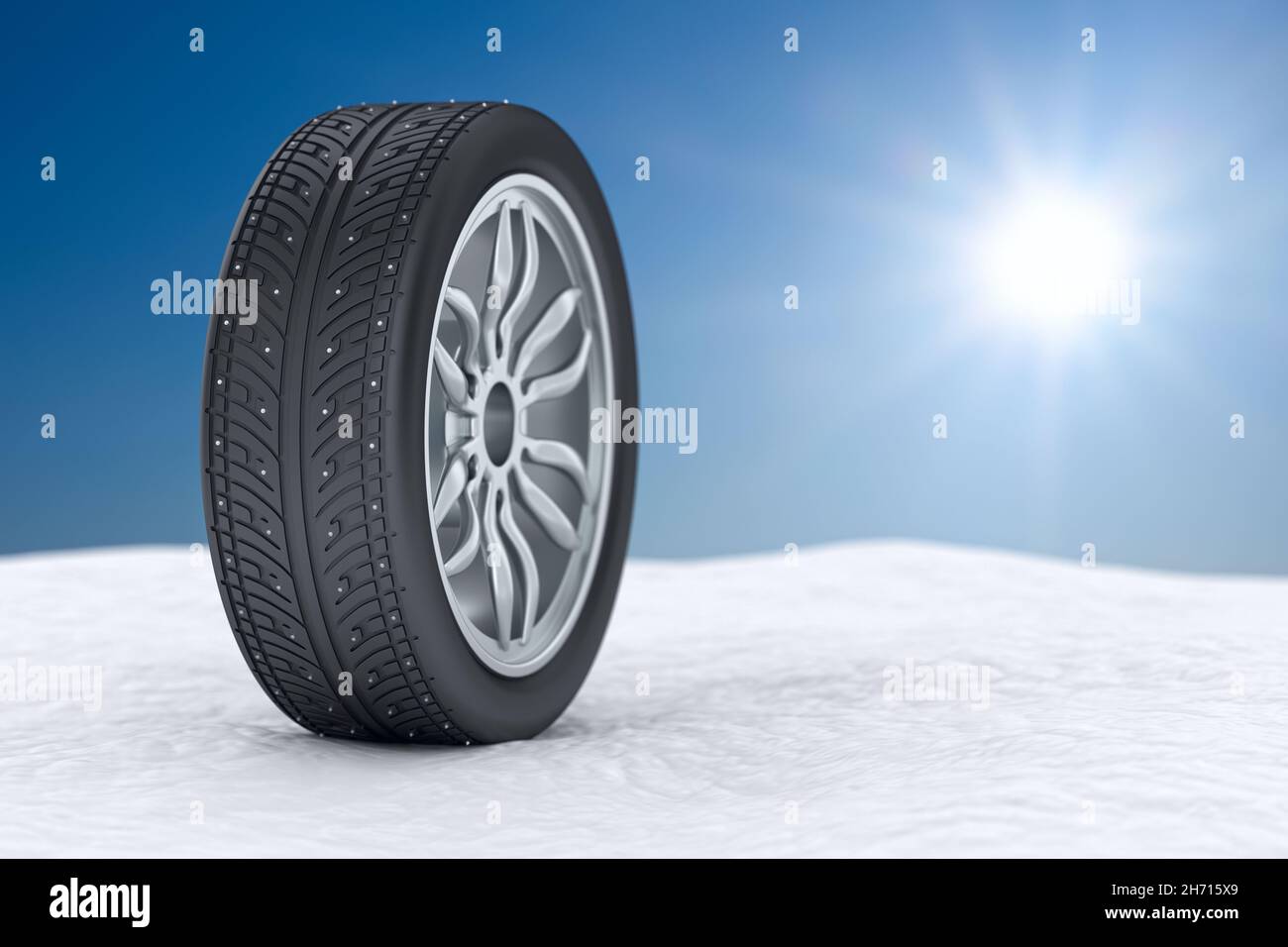 tire with studs on snowdrift. 3D illustration Stock Photo