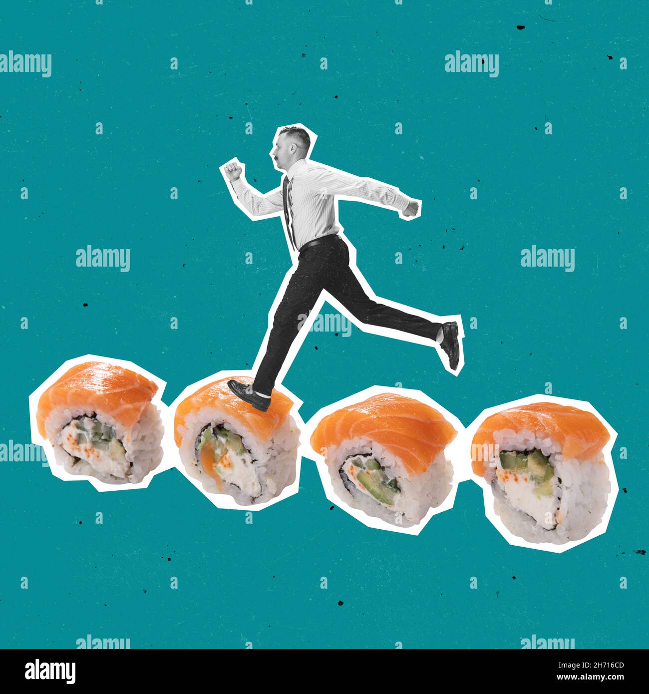 Contemporary art collage of young man running on sushi set isolated over blue background. Concept of Japanese food Stock Photo