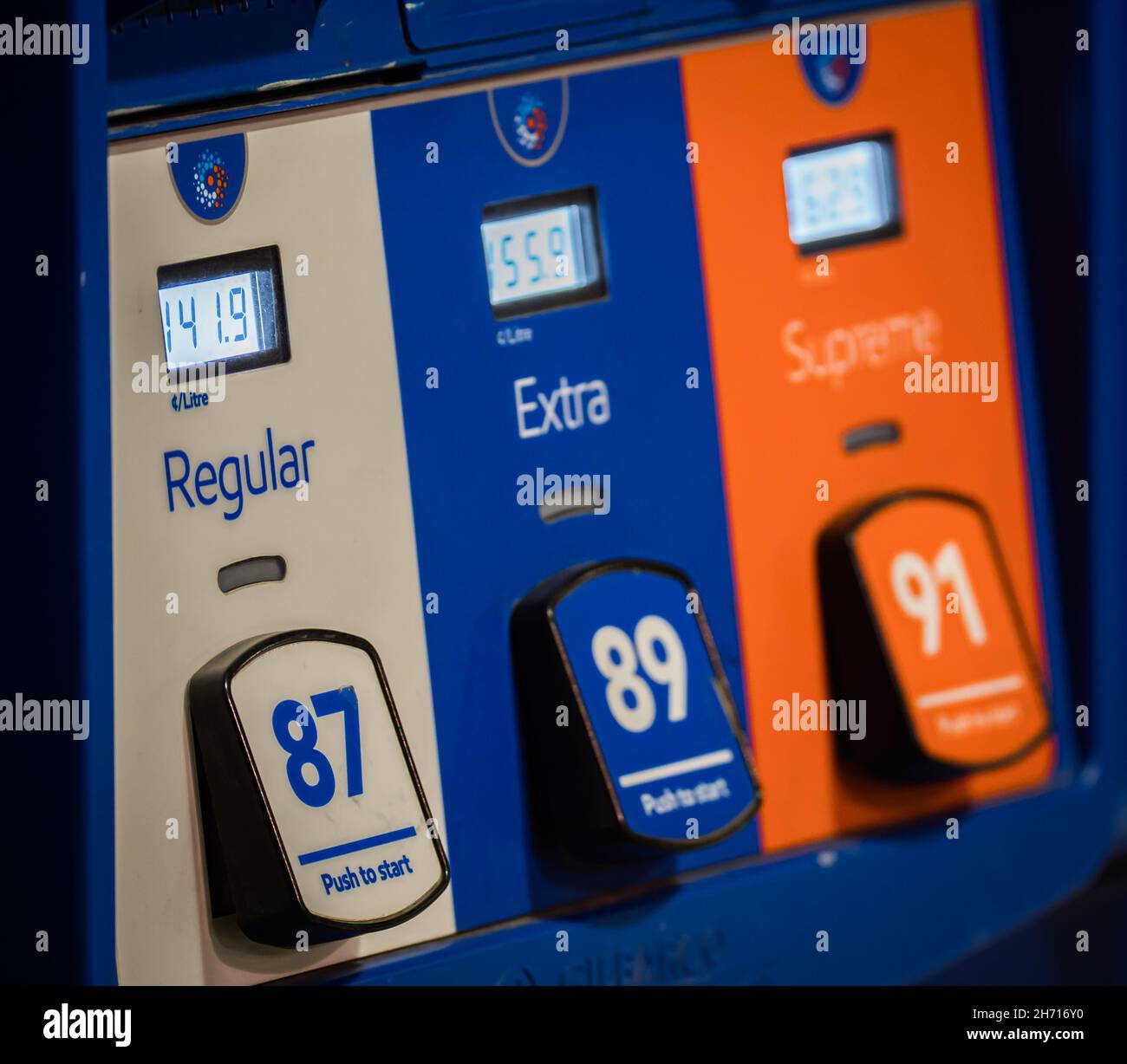 AIRDRIE, CANADA Oct 21, 2021 A selective shot of the fuel prices and