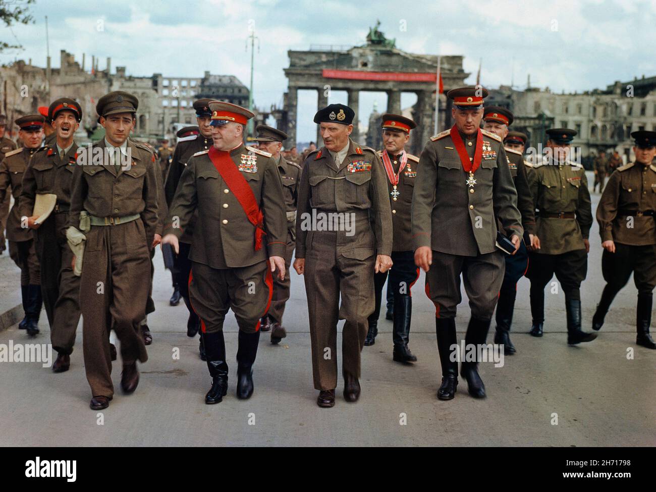 BERLIN, GERMANY - 12 July 1945 - Field Marshall Montgomery decorates Russian generals at the Brandenburg Gate in Berlin, Germany. The Deputy Supreme C Stock Photo