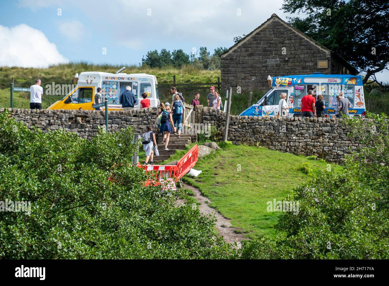 Derbyshire UK – 20 Aug 2020: Long queues are common at the popular ice cream van stop at Longshaw Estate, Peak District Stock Photo