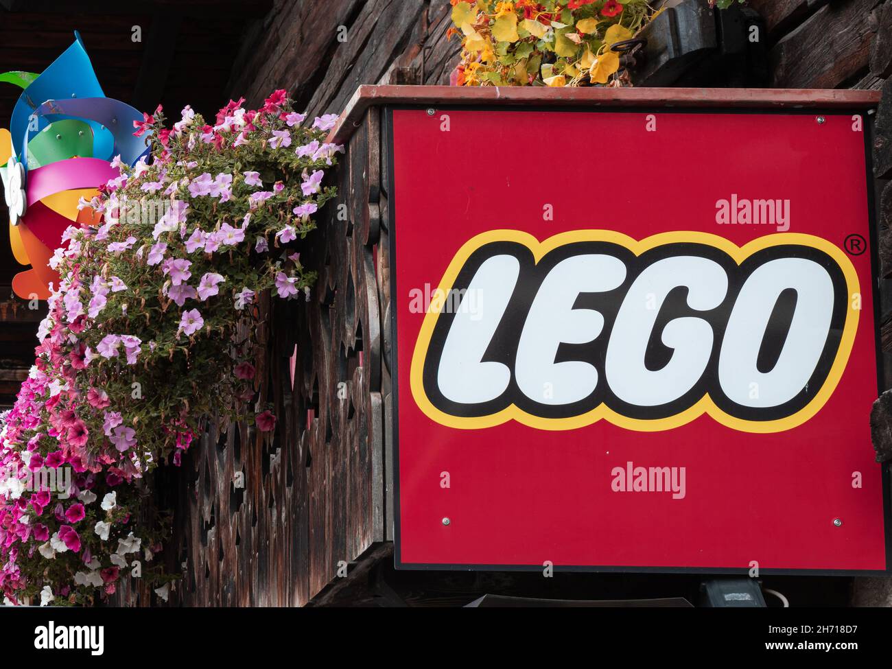 Livigno, Italy - September 29, 2021: A store of Lego, a line of plastic construction toys that are manufactured by The Lego Group, a privately held co Stock Photo