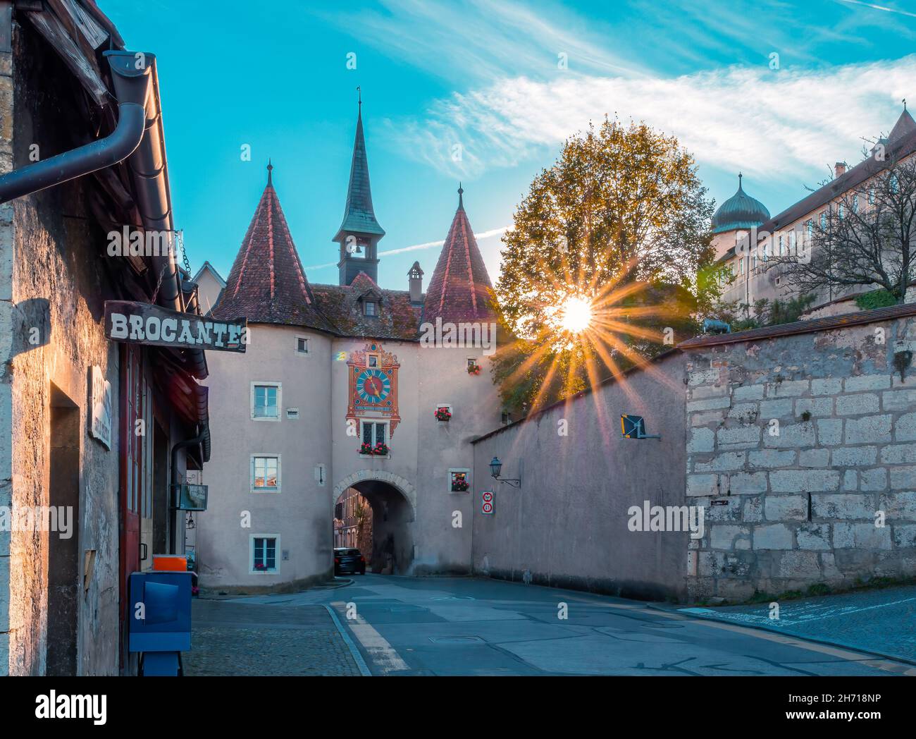Sunstar at the medieval city gate of Porrentruy, a Swiss municipality in the canton of Jura. Stock Photo