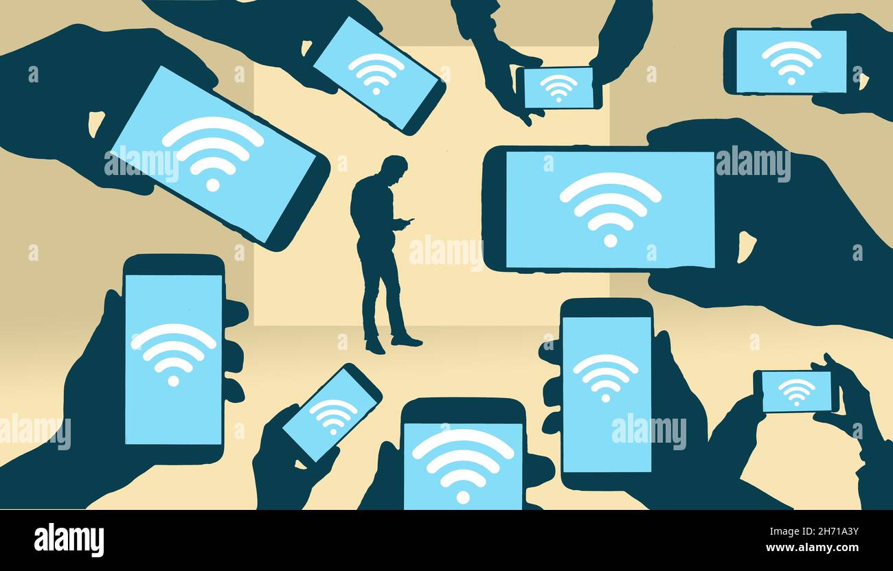 Hands holding phones that all display the wi-fi icon frame a man in the background on his phone in this 3-d illustration. Stock Photo