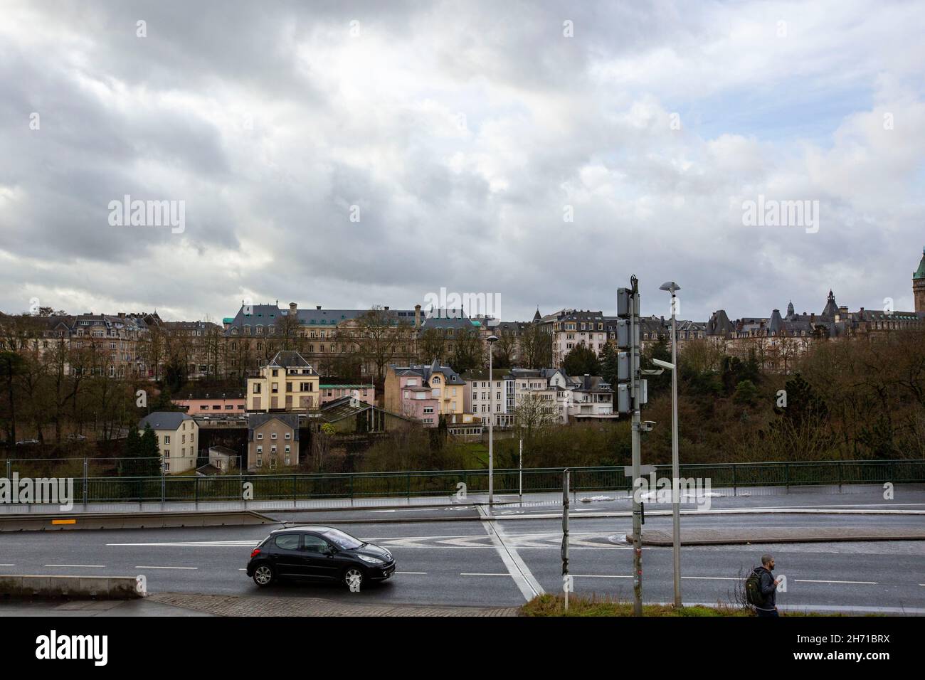 Panoramic view of the old town of Luxembourg City, Luxembourg with Grund lower city. Stock Photo