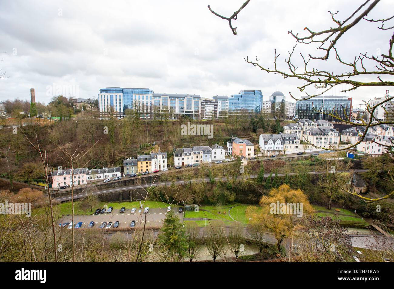 Panoramic view of the old town of Luxembourg City, Luxembourg with Grund lower city. Stock Photo