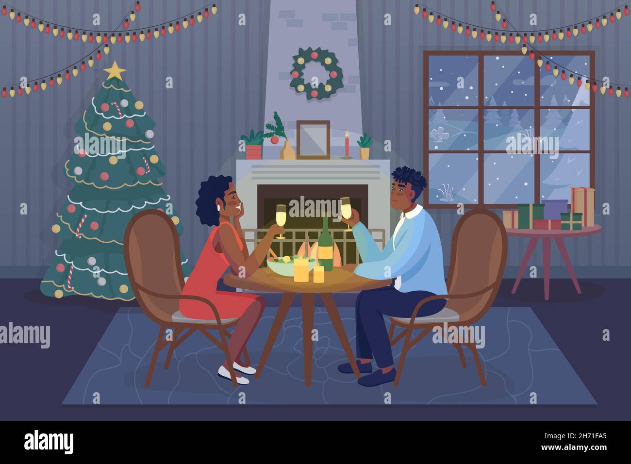 Romantic Christmas dinner flat color vector illustration Stock Vector