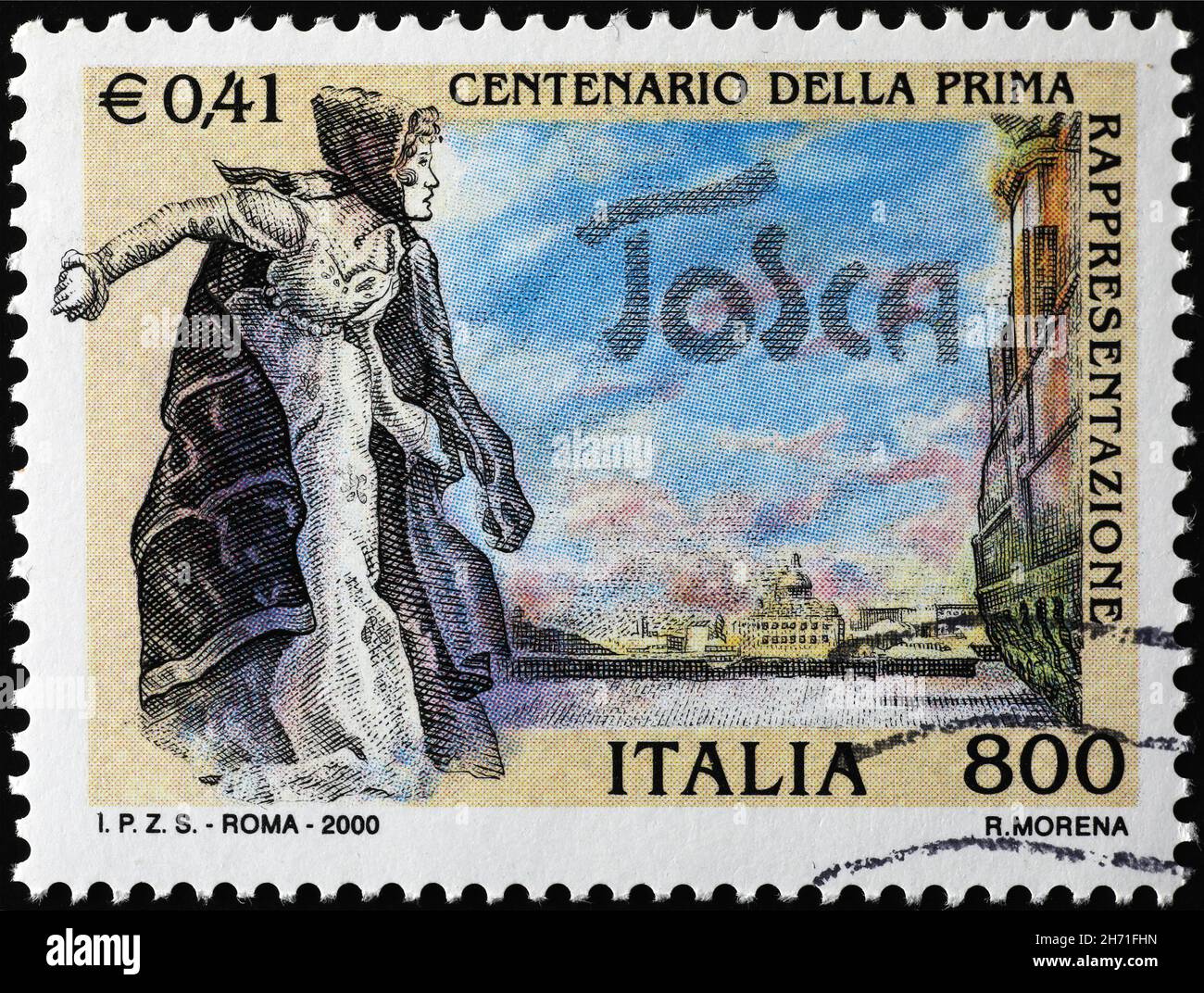 Celebration of Opera Tosca on italian postage stamp Stock Photo