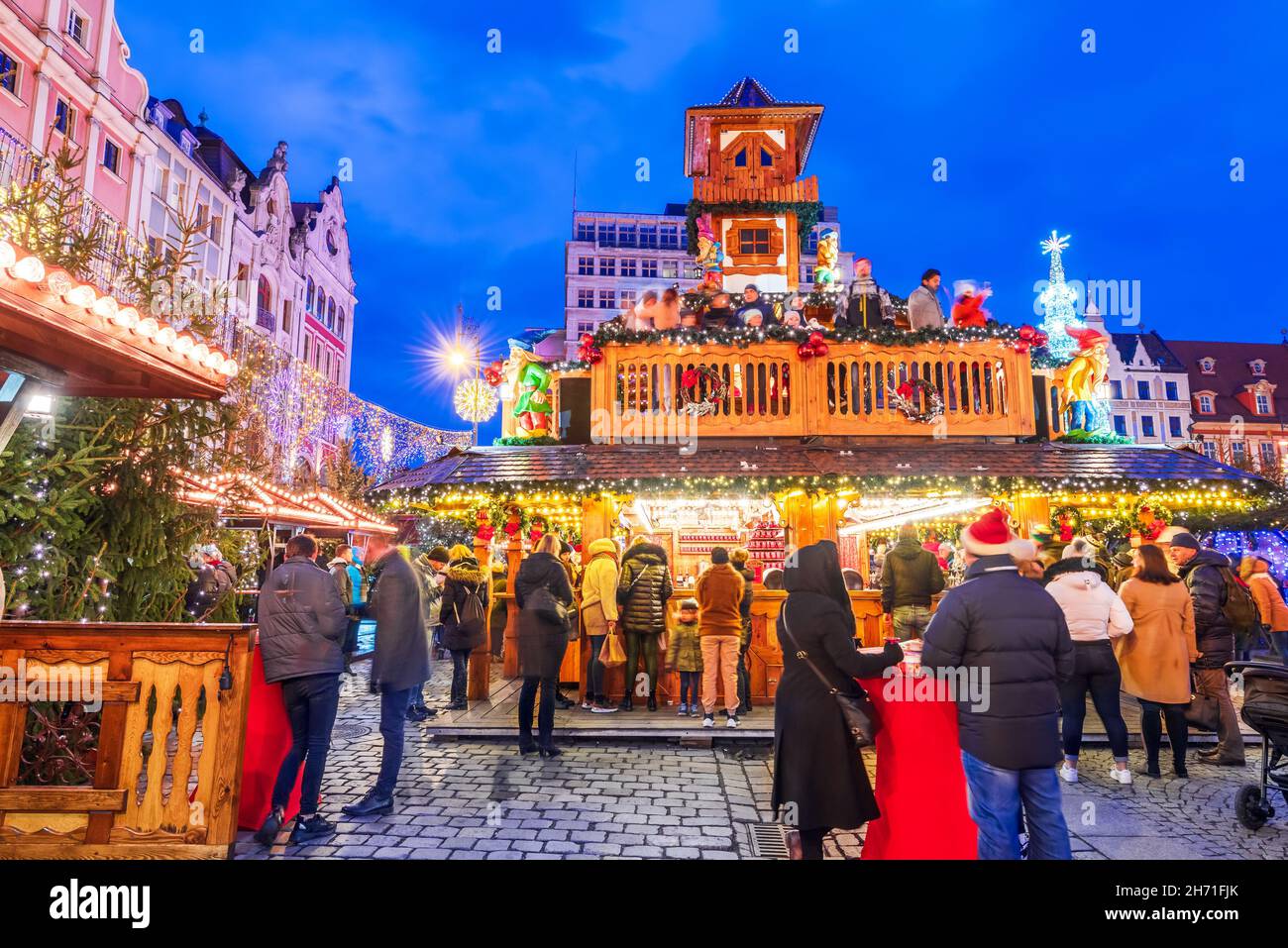 Wroclaw, Poland - December 2019:  Famous Christmas Market of Europe, winter traveling background. Stock Photo