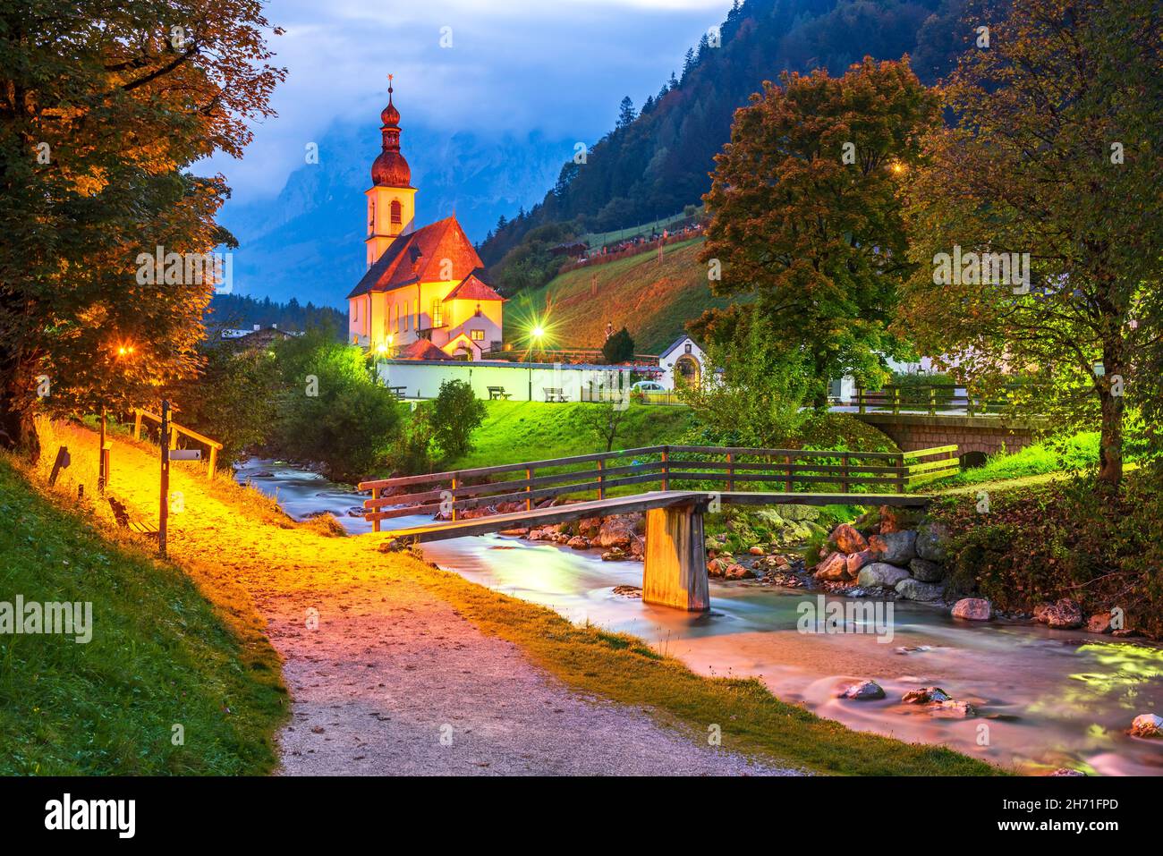 Ramsau bei Berchtesgaden, Bavaria. Autumnal scenery of Ramsau National Park in Berchtesgadener Land in Germany with incredible seasonal view of Parish Stock Photo