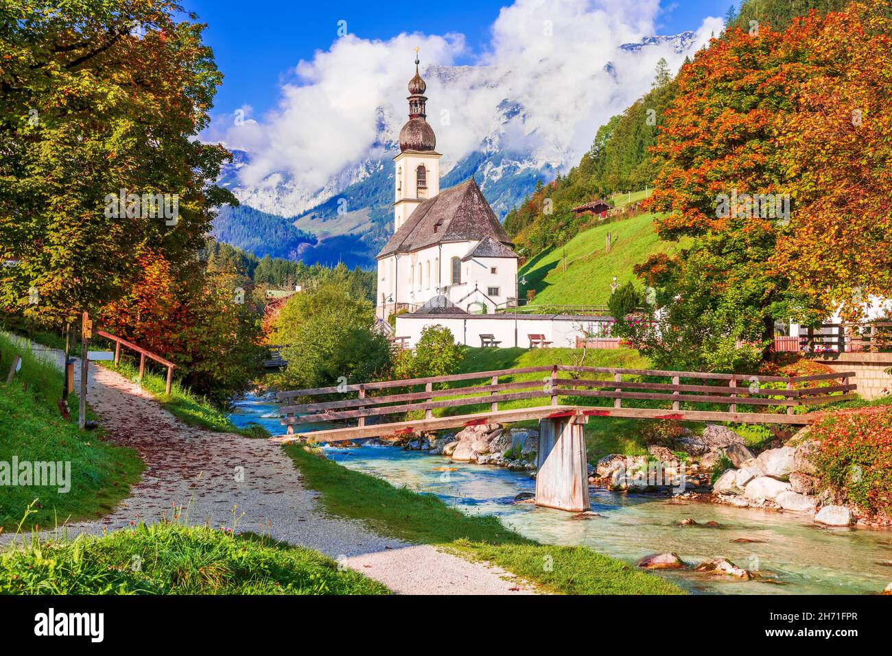 Ramsau bei Berchtesgaden, Germany. Autumnal scenery of Ramsau National Park in Berchtesgadener Land in Bavaria with incredible seasonal view of Parish Stock Photo