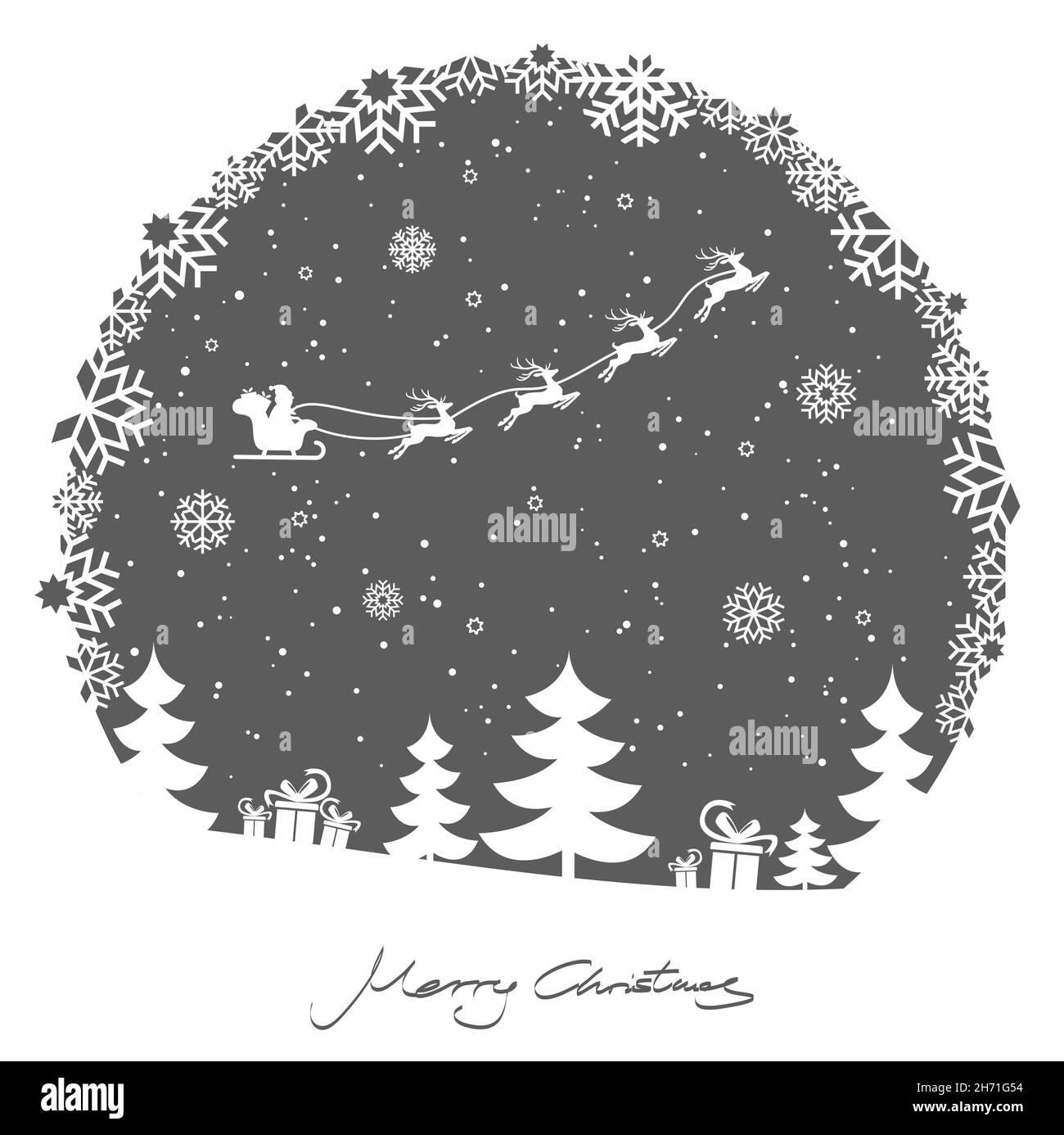 EPS 10 vector file showing round snow flake window christmastime background with typical xmas elements, fall of snow and colored background with flyin Stock Vector