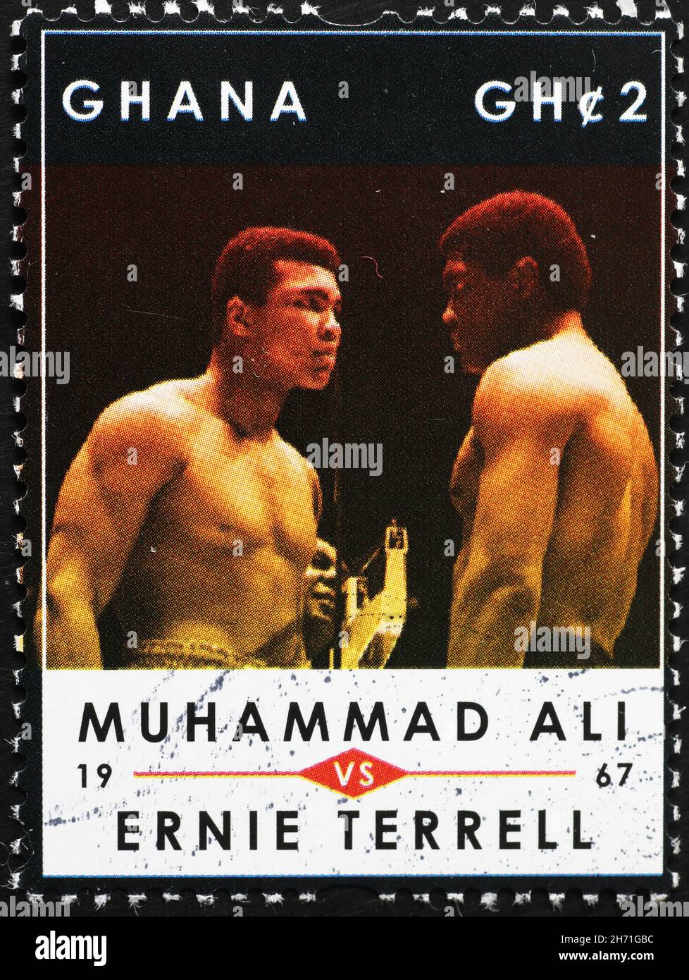 Muhammad Alì vs Ernie Terrell on postage stamp Stock Photo