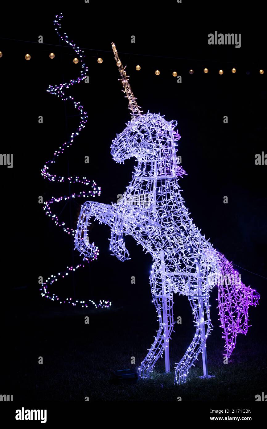 Illuminated Unicorn at Winter Lights event at the North Carolina Arboretum - Asheville, North Carolina, USA Stock Photo