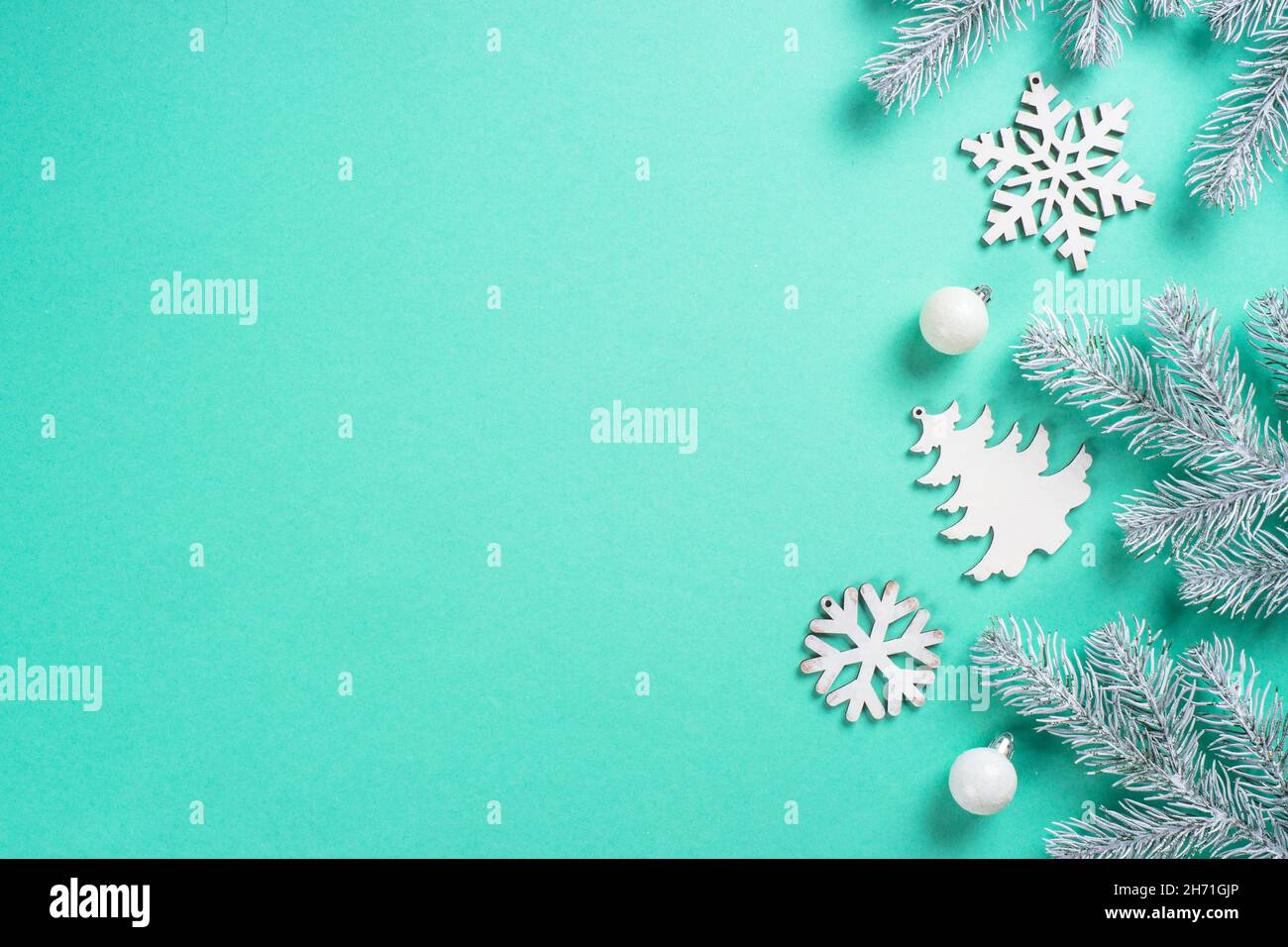 Christmas decorations at mint background top view Stock Photo Alamy
