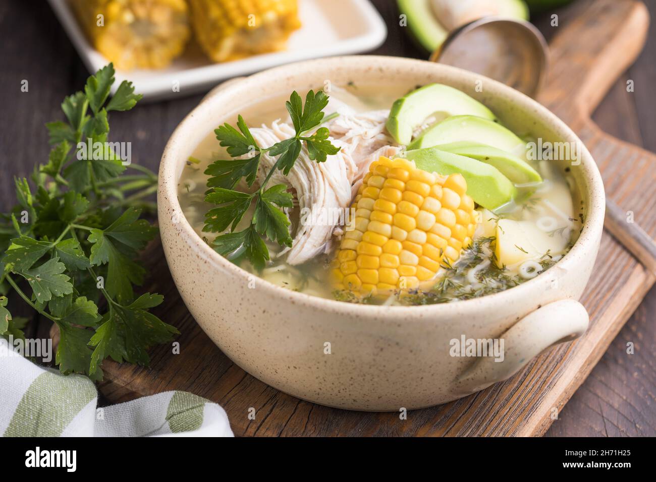 Traditional Ajiaco Colombiano Colombian Soup with potato, chicken
