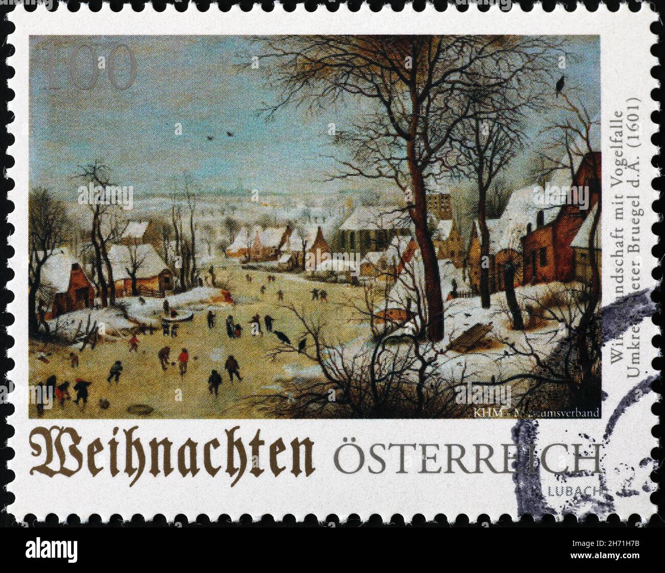 Winter landscape with a bird trap by Bruegel the elder on stamp Stock Photo
