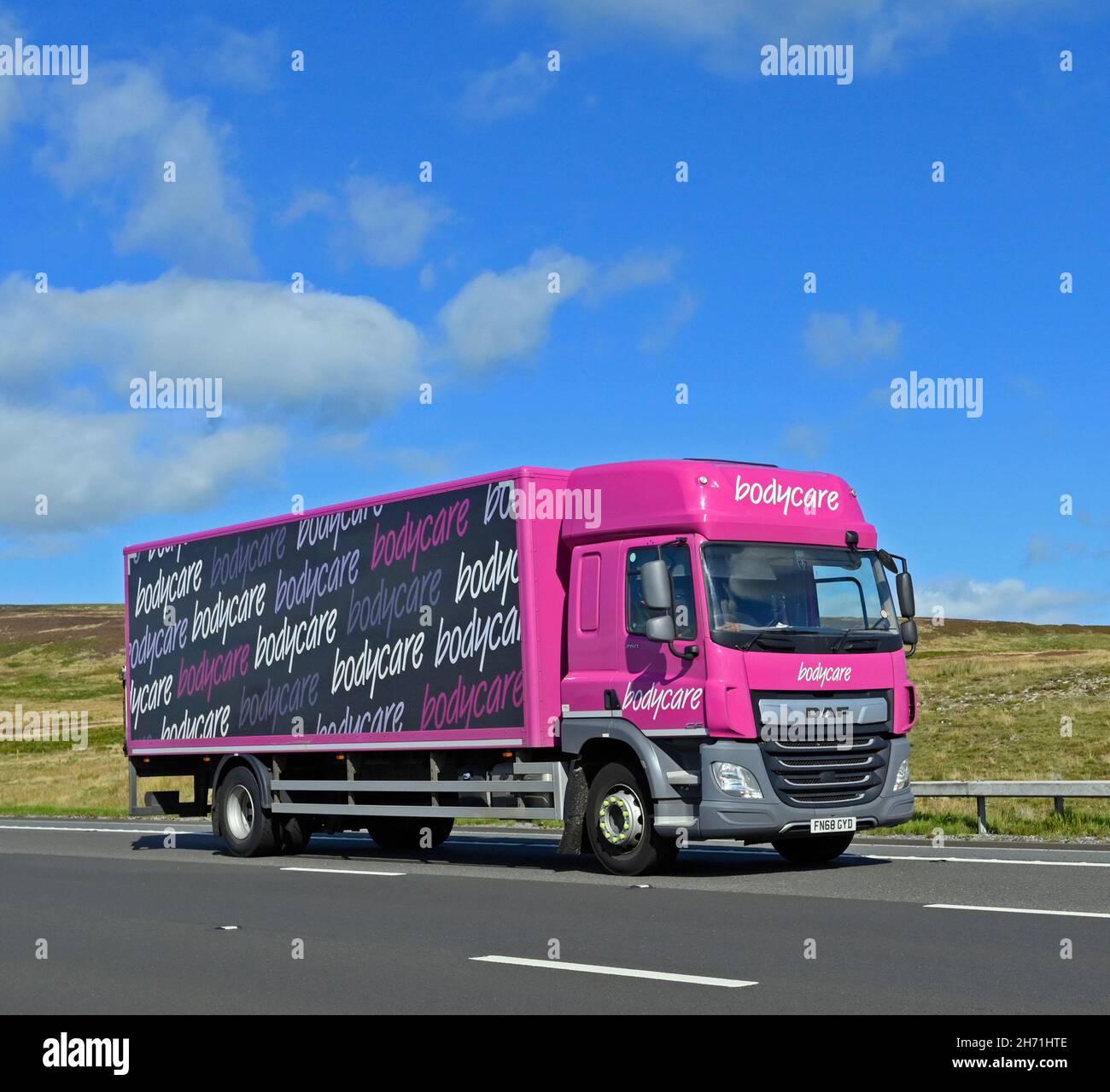 Goods Vehicle. Bodycare. M6 Motorway, Southbound. Shap, Cumbria, England, United Kingdom, Europe. Stock Photo