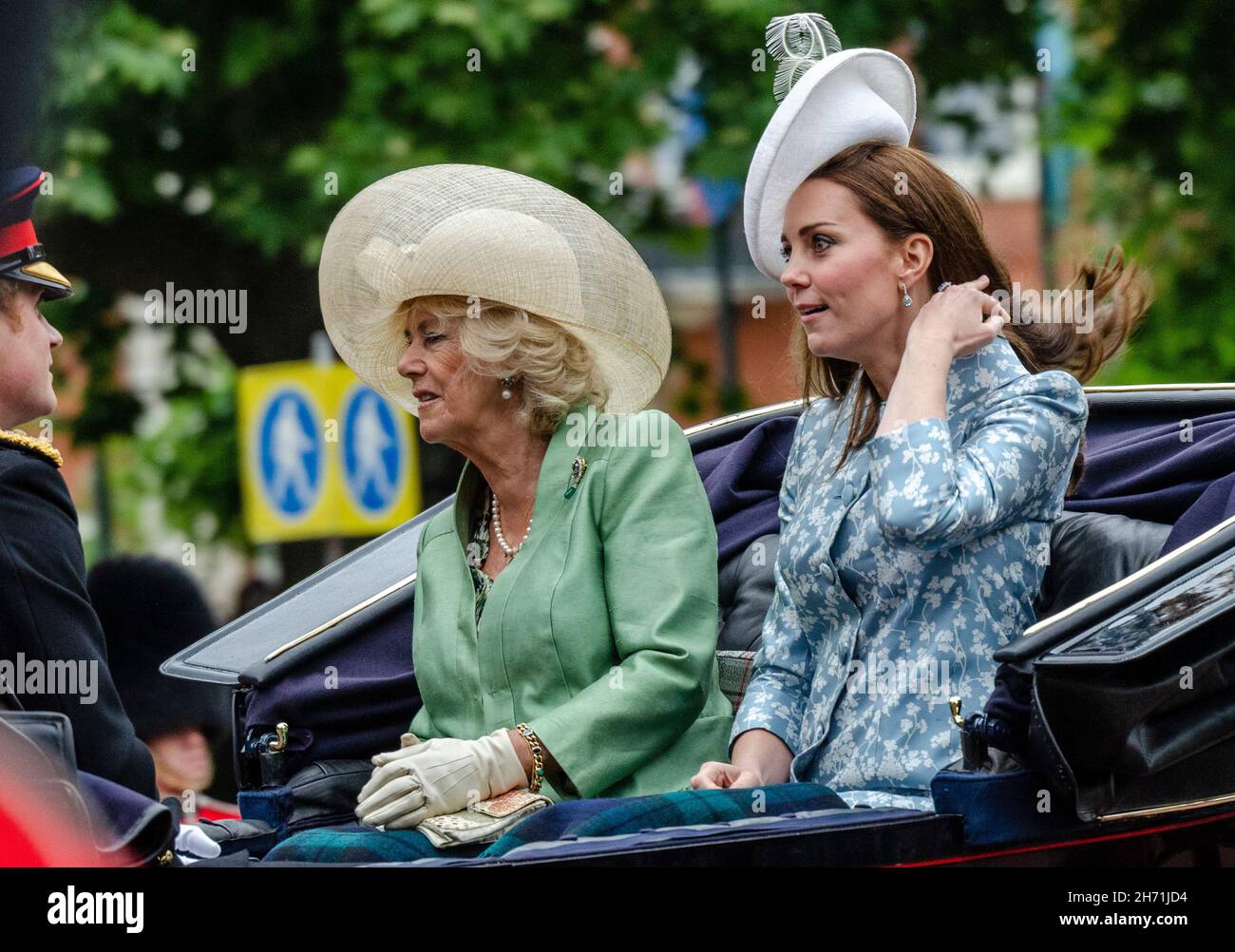 Duchess of Cambridge and Duchess of Cornwall. Trooping of the Colour 2015 in The Mall. London. Kate Middleton and Camilla Parker Bowles. Windy Stock Photo